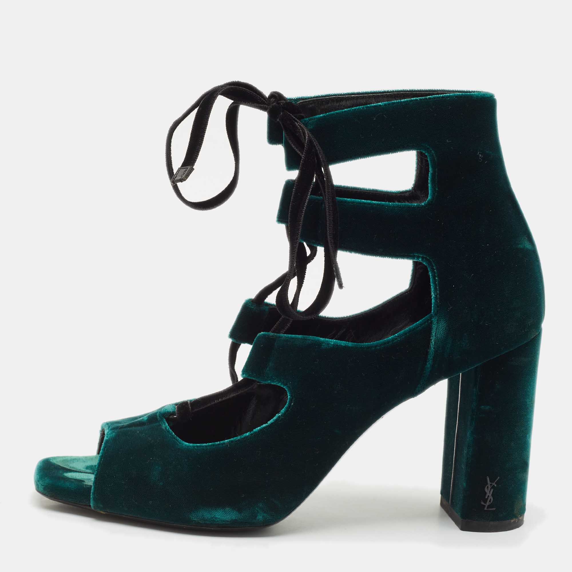 Saint Laurent Dark Green Velvet Loulou Open Toe Lace Up Block Heel Pumps Size
Saint Laurent Dark Green Velvet Loulou Open Toe Lace Up Block Heel Pumps Size