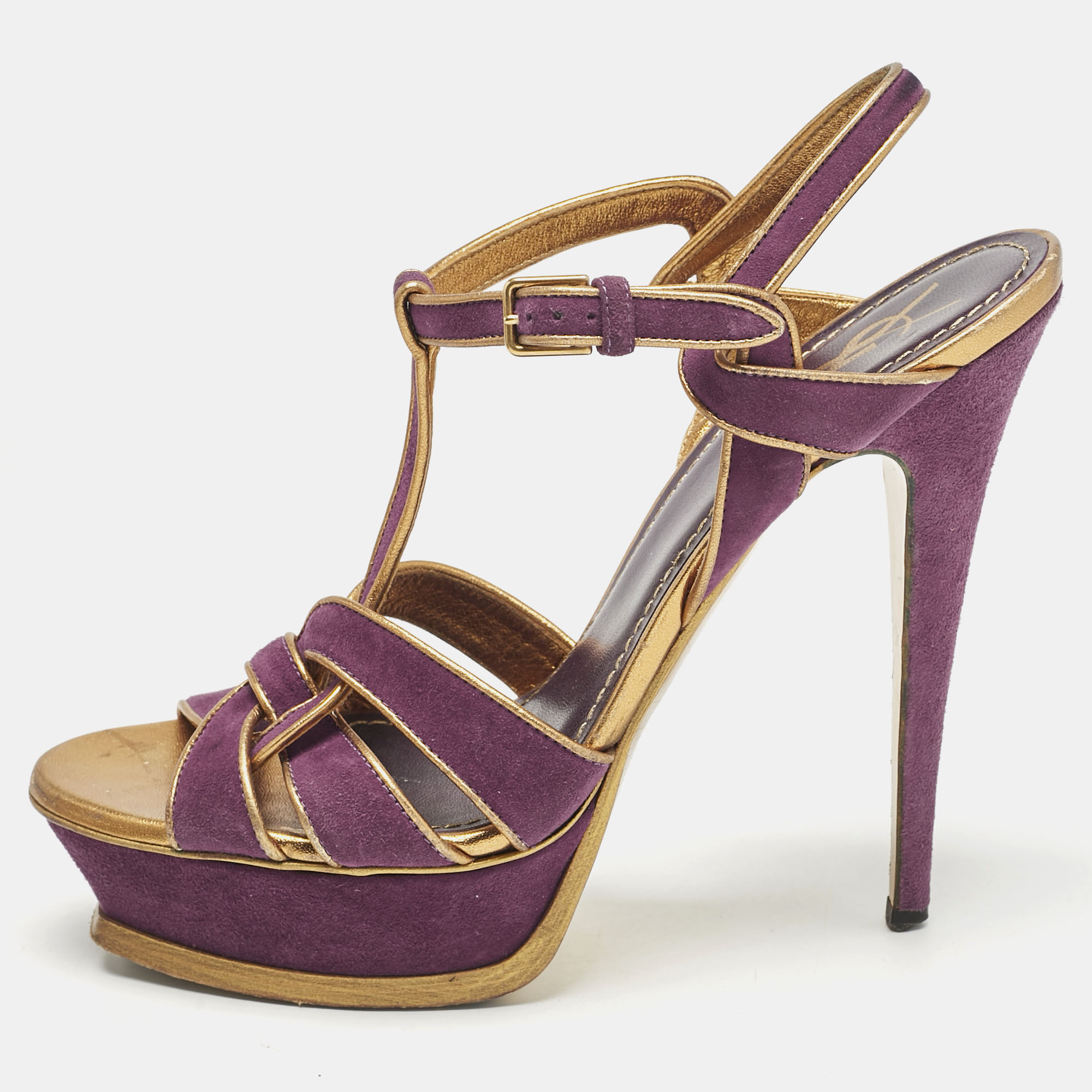 Yves Saint Laurent Purple/Gold Suede Tribute Platform Sandals Size
Yves Saint Laurent Purple/Gold Suede Tribute Platform Sandals Size