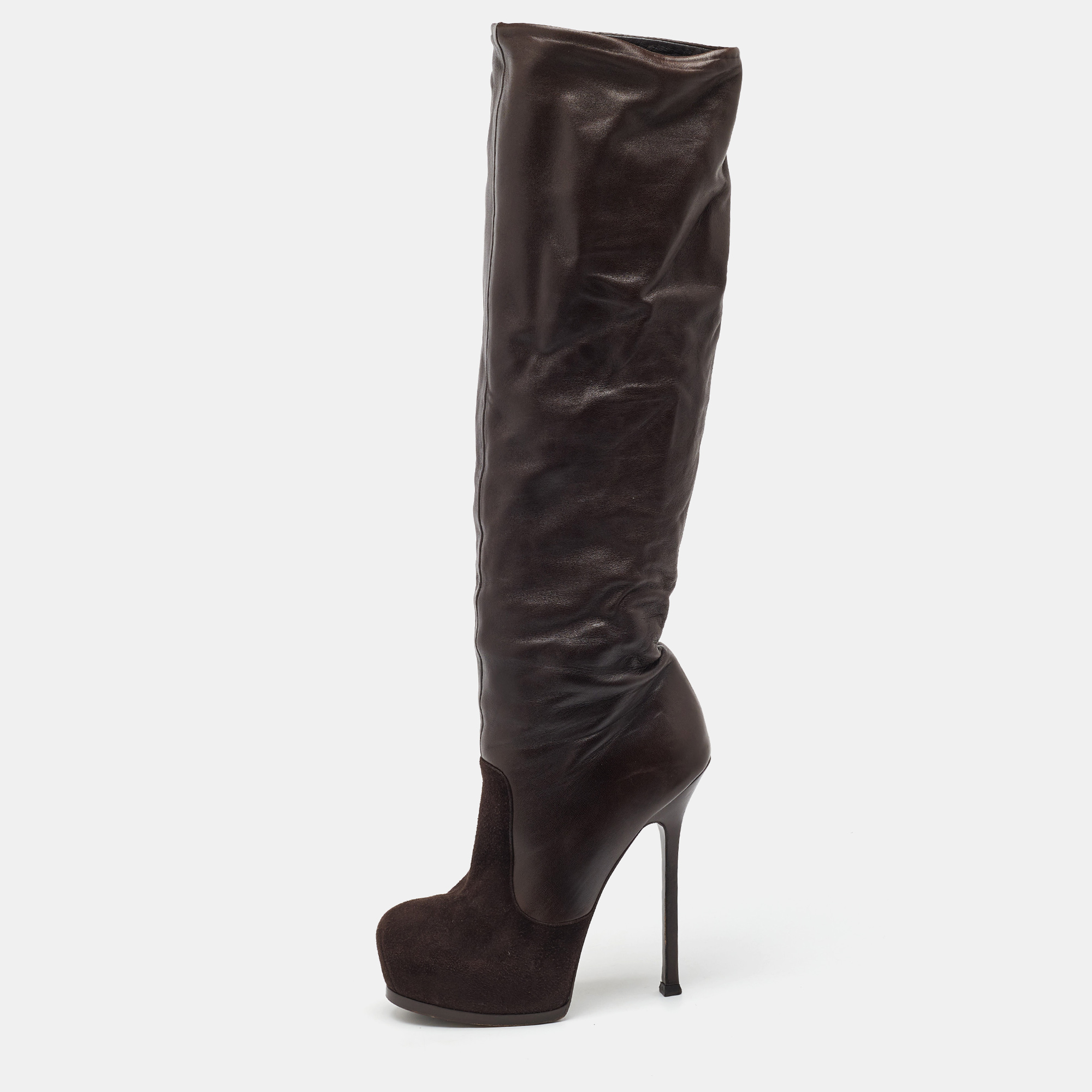 Yves Saint Laurent Dark Brown Suede and Leather Platform Knee High Boots Size
Yves Saint Laurent Dark Brown Suede and Leather Platform Knee High Boots Size