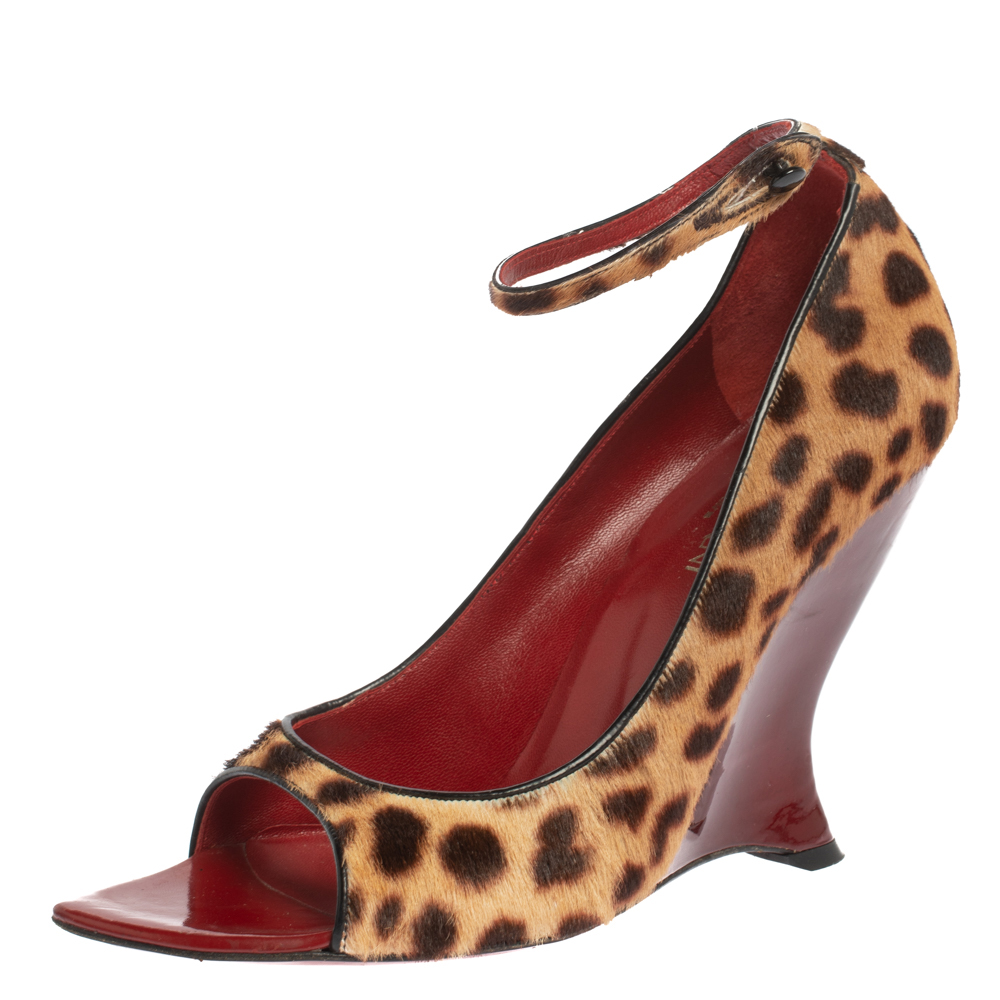 Image of Yves Saint Laurent Animal Print Calf Hair Ankle Strap Wedge Sandals Size .