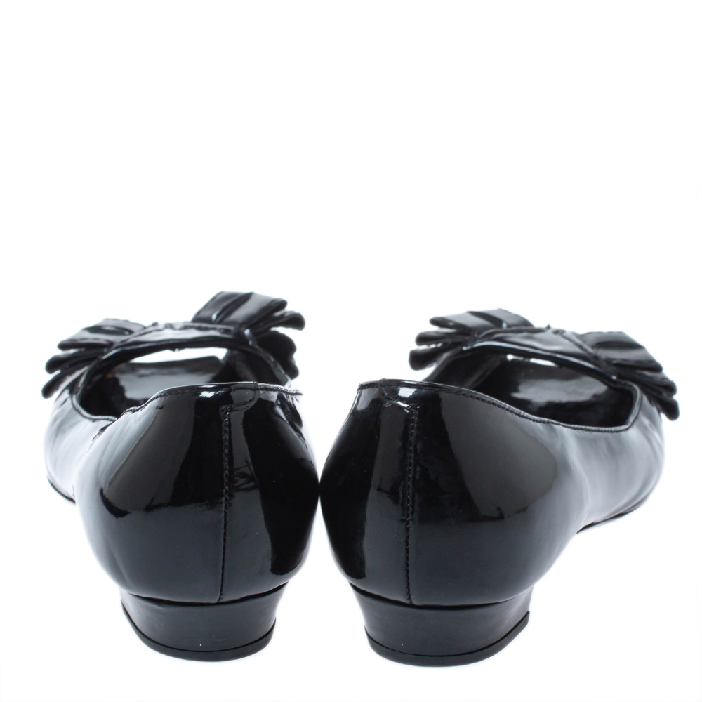 Yves Saint Laurent Black Patent Leather Bow Peep Toe Ballet Flat Size 35
