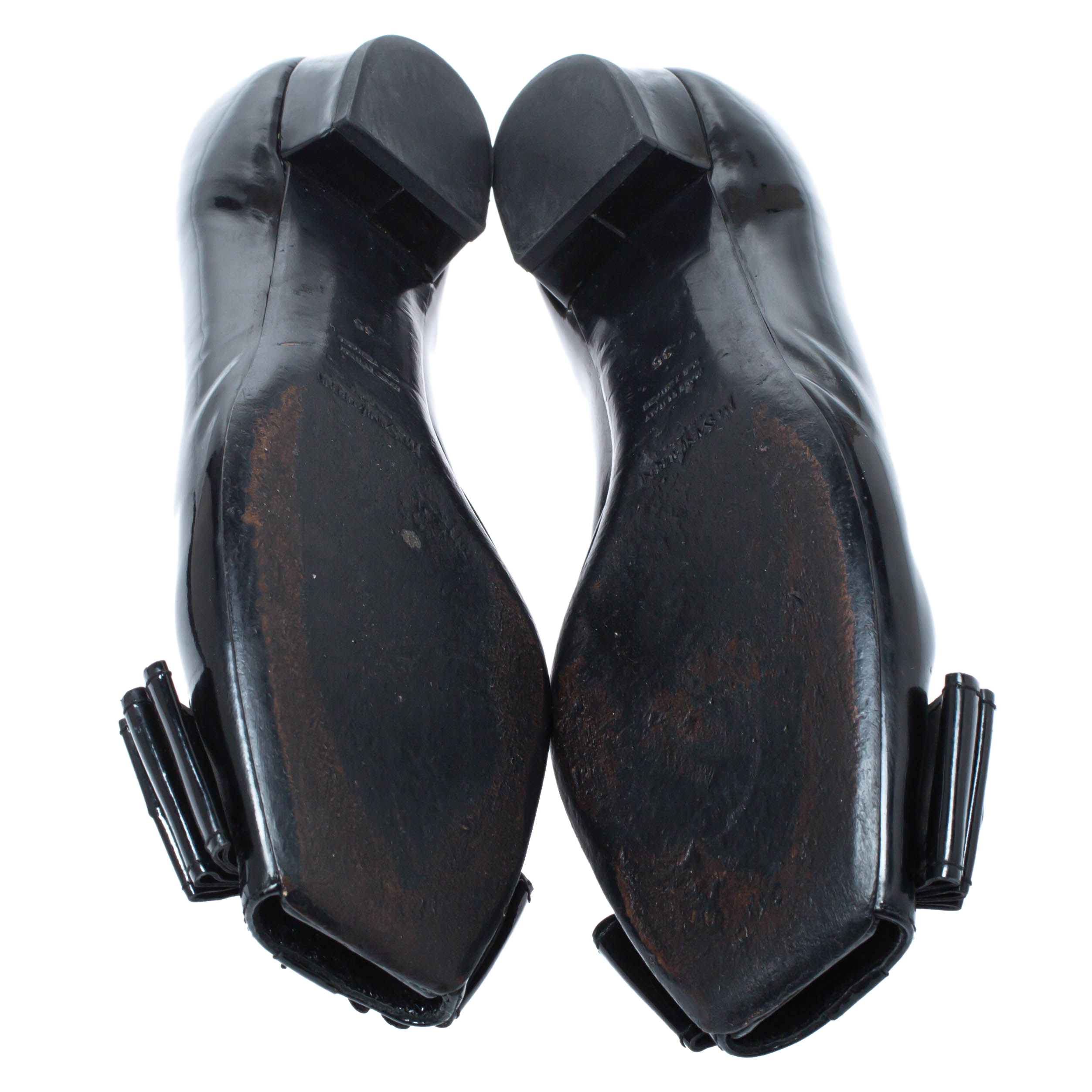 Yves Saint Laurent Black Patent Leather Bow Peep Toe Ballet Flat Size 35