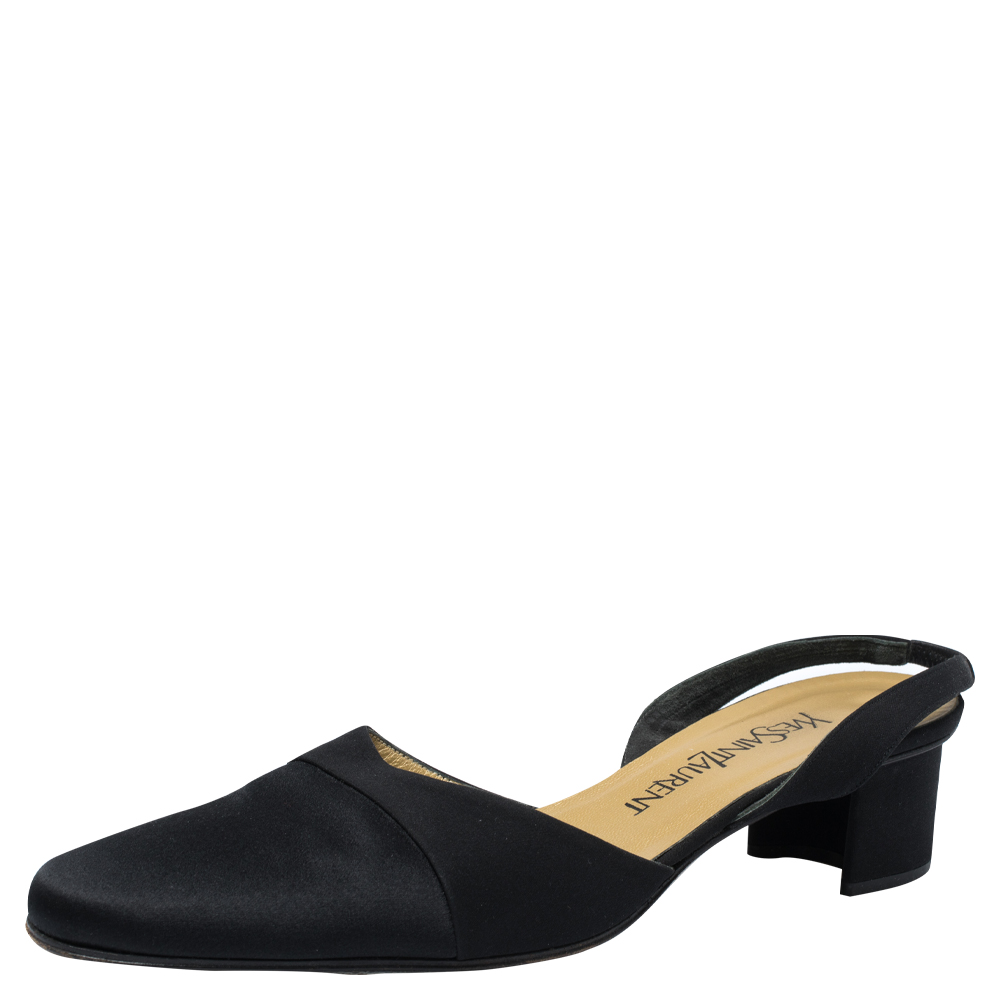 Image of Yves Saint Laurent Black Satin Round Toe Slingback Sandals Size