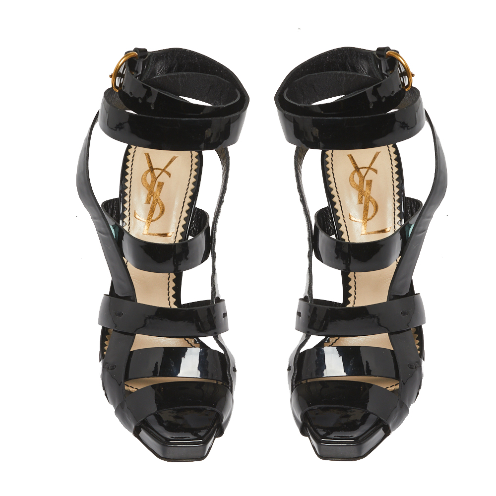 Saint Laurent Black Patent Leather Ankle Wrap Sandals Size 37