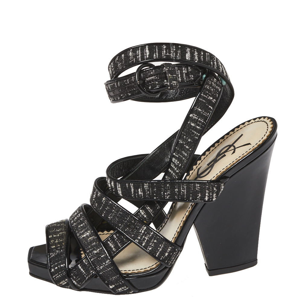 Saint Laurent Monochrome Fabric And Patent Leather Trim Ankle Wrap Sandals Size 37