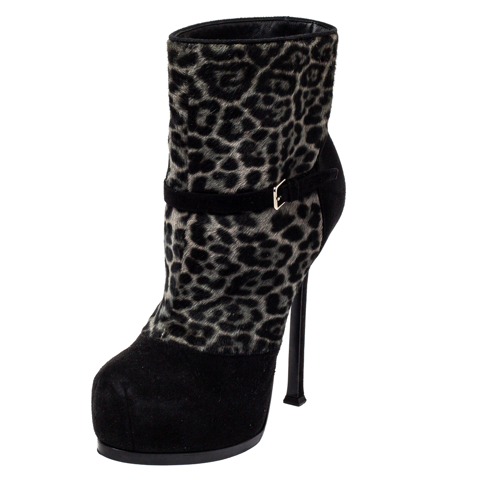 Saint Laurent Black Pony Hair And Suede Tribtoo Boots Size 37.5