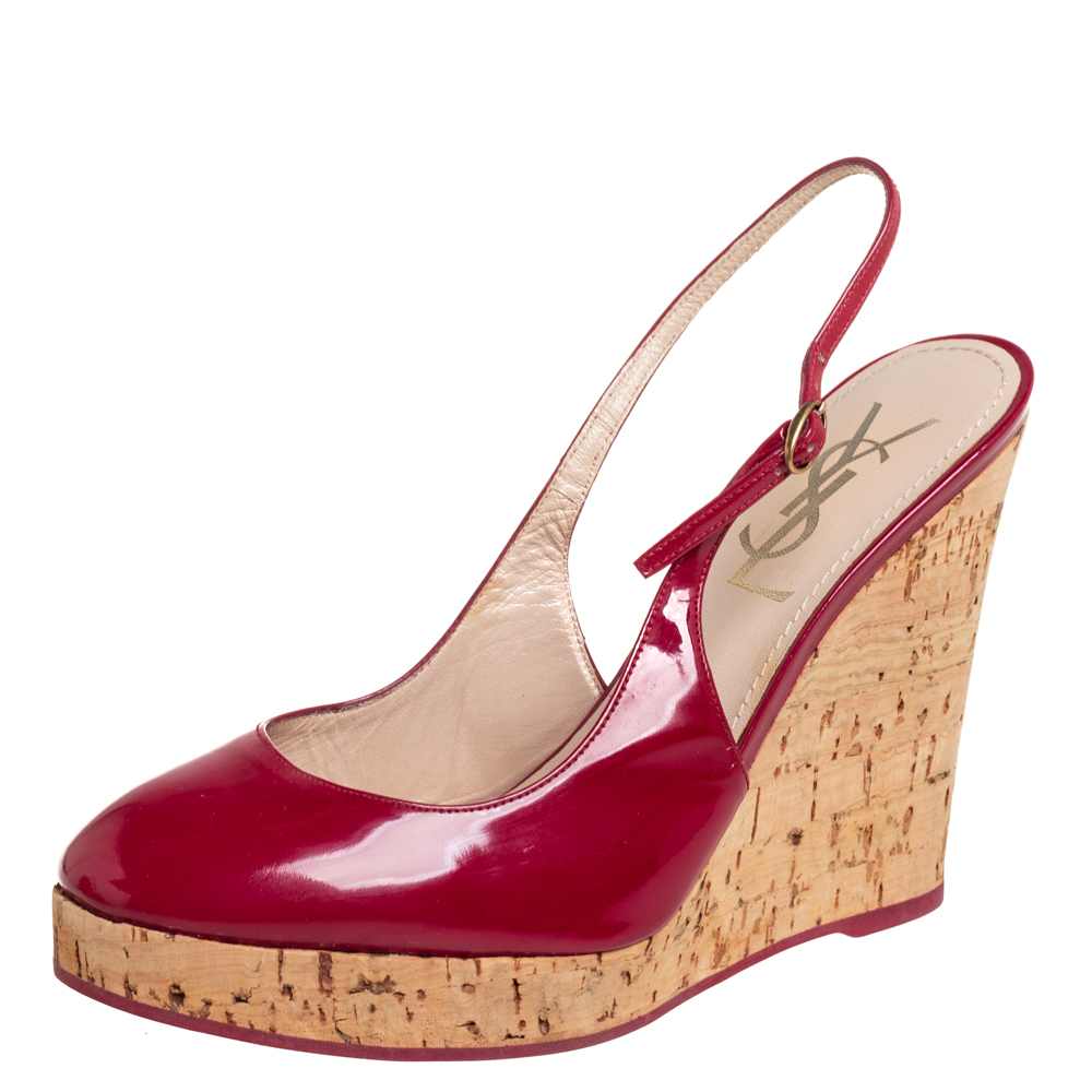 Yves Saint Laurent Red Patent Leather Cork Wedge Slingback Sandals Size 37