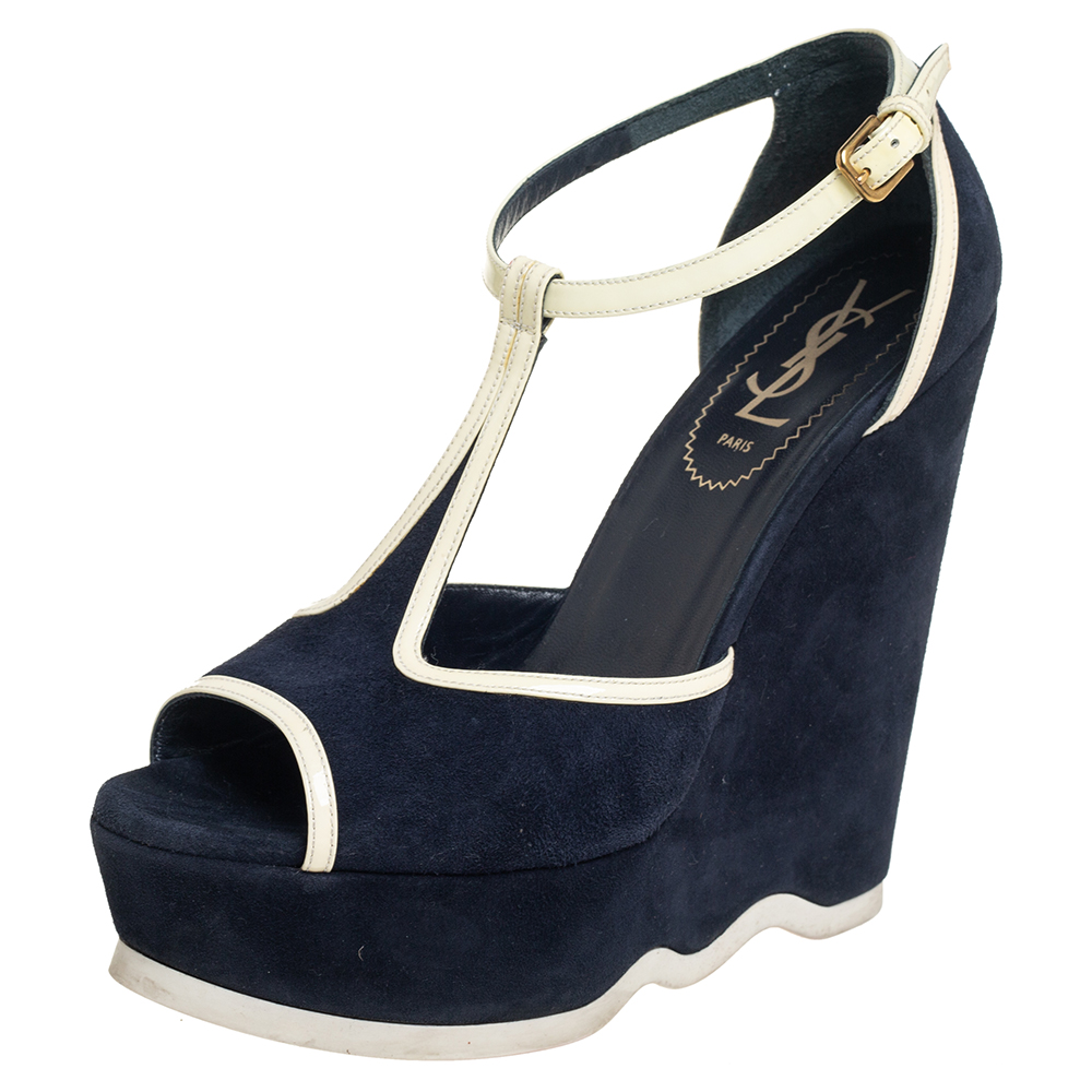 Yves Saint Laurent Navy Blue Suede And Patent Leather Riviera T Strap Platform Wedge Sandals Size 38