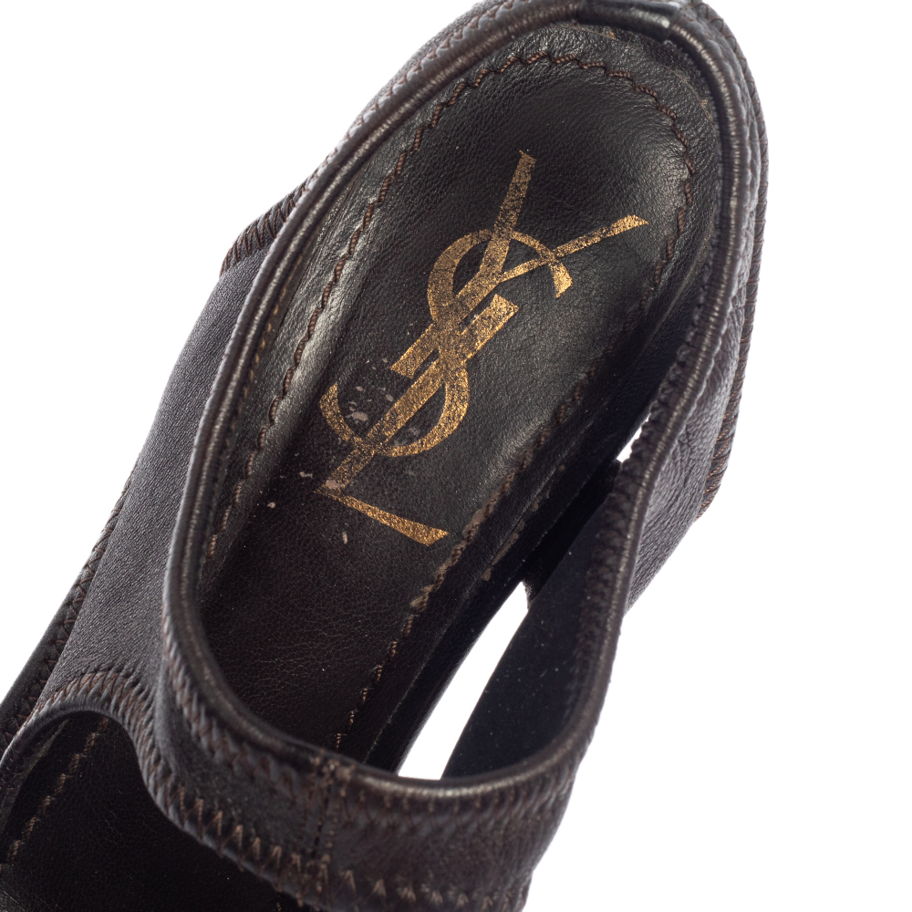 Yves Saint Laurent Dark Brown Soft Leather Platform Sandals Size 37.5