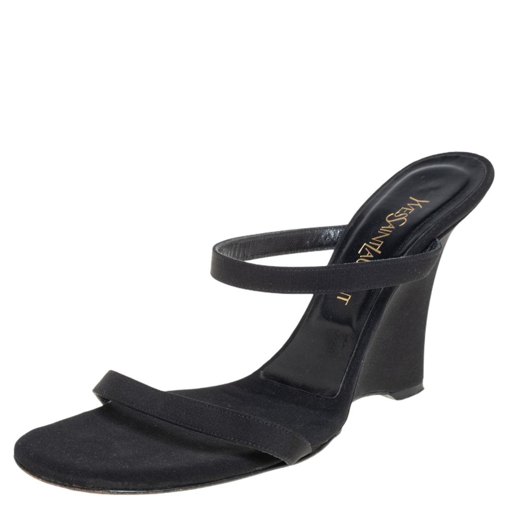 Saint Laurent Black Satin Wedge Slide Sandals Size 38