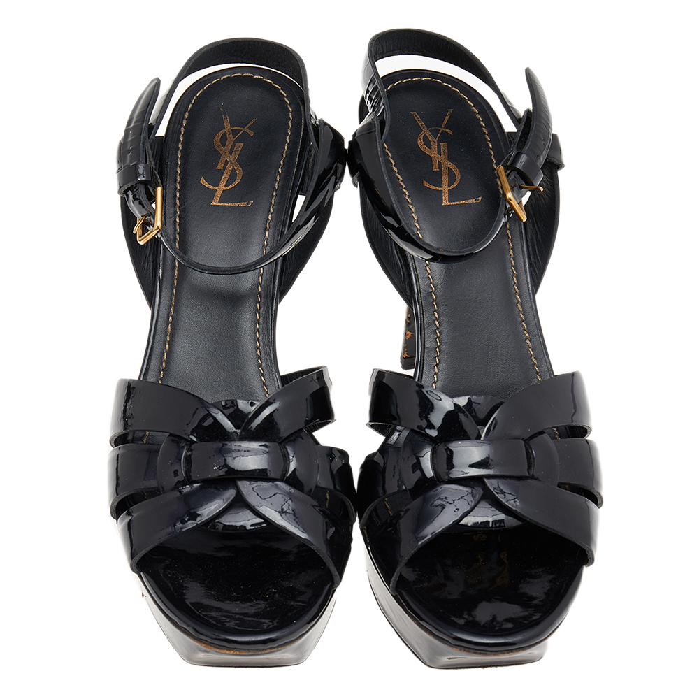 Yves Saint Laurent Black Patent Leather Tribute Platform Sandals Size 39