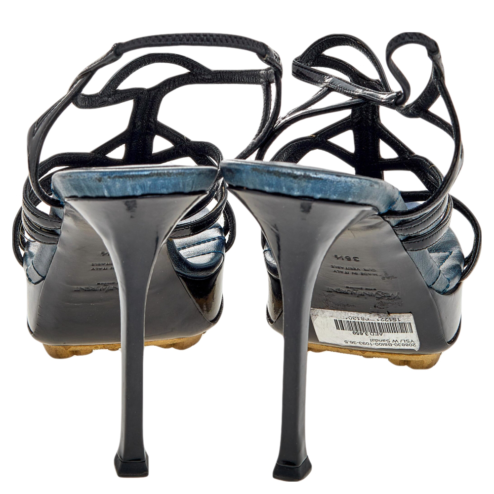 Yves Saint Laurent Black Patent Leather Strappy Platform Sandals Size 36.5