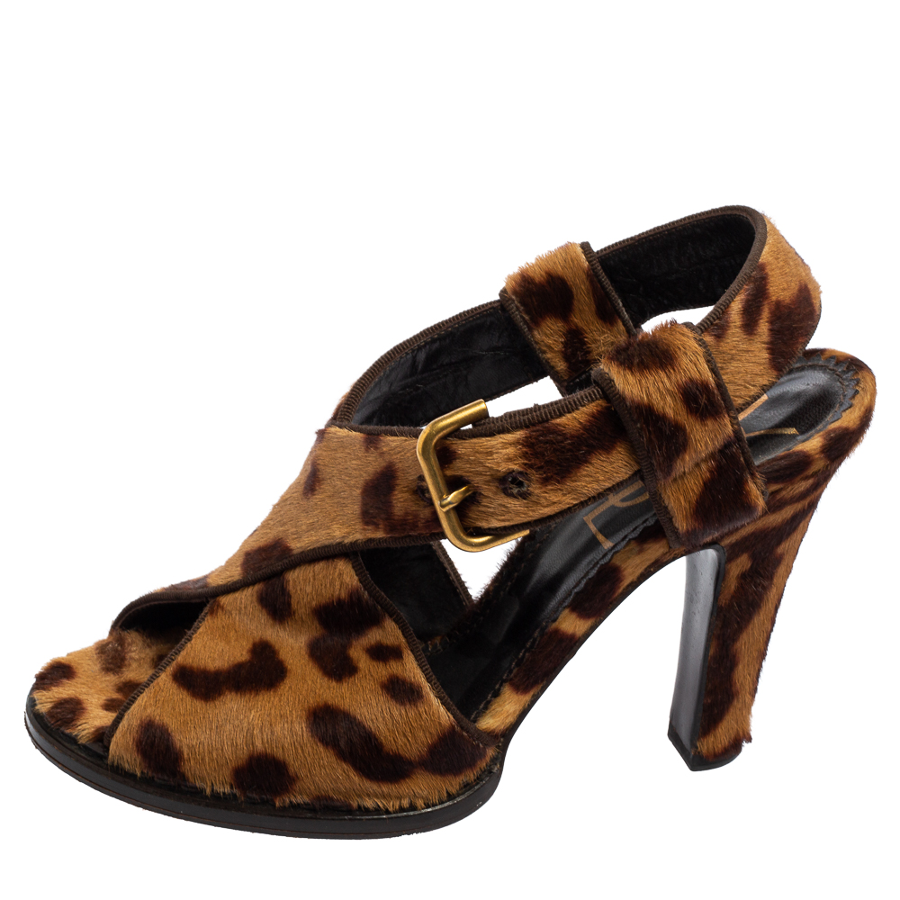 Saint Laurent Brown Leopard Print Calf Hair Slingback Sandals Size 36.5