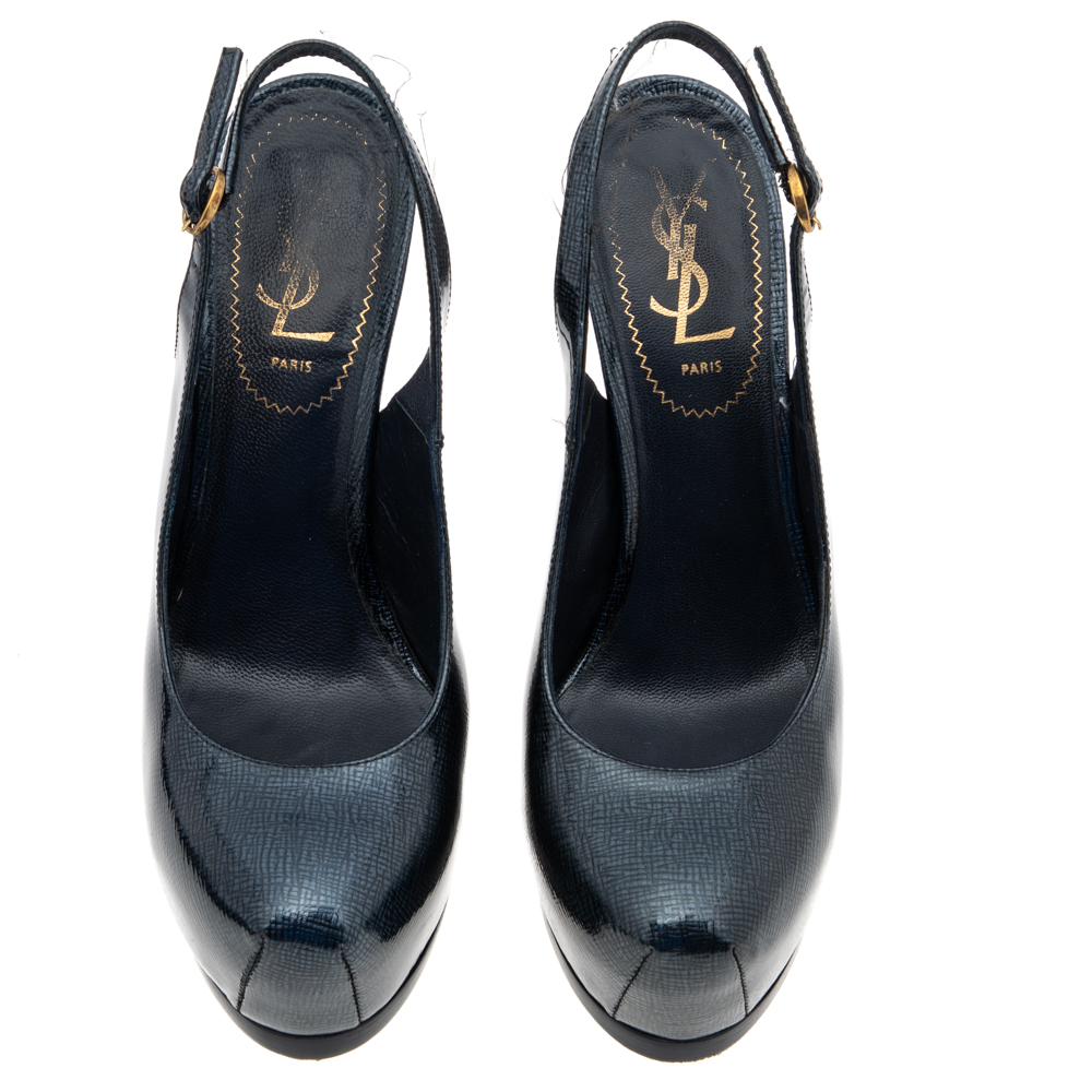 Yves Saint Laurent Blue Textured Patent Leather Tribtoo Slingback Platform Sandals Size 37