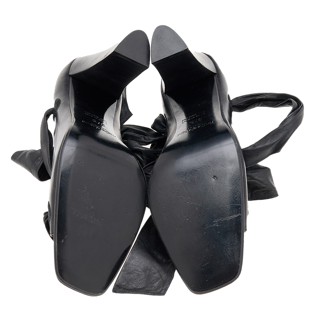 Yves Saint Laurent Black Leather Open Toe  Ankle Wrap Pumps Size 37.5