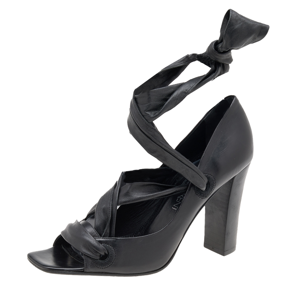 Yves Saint Laurent Black Leather Open Toe  Ankle Wrap Pumps Size 37.5