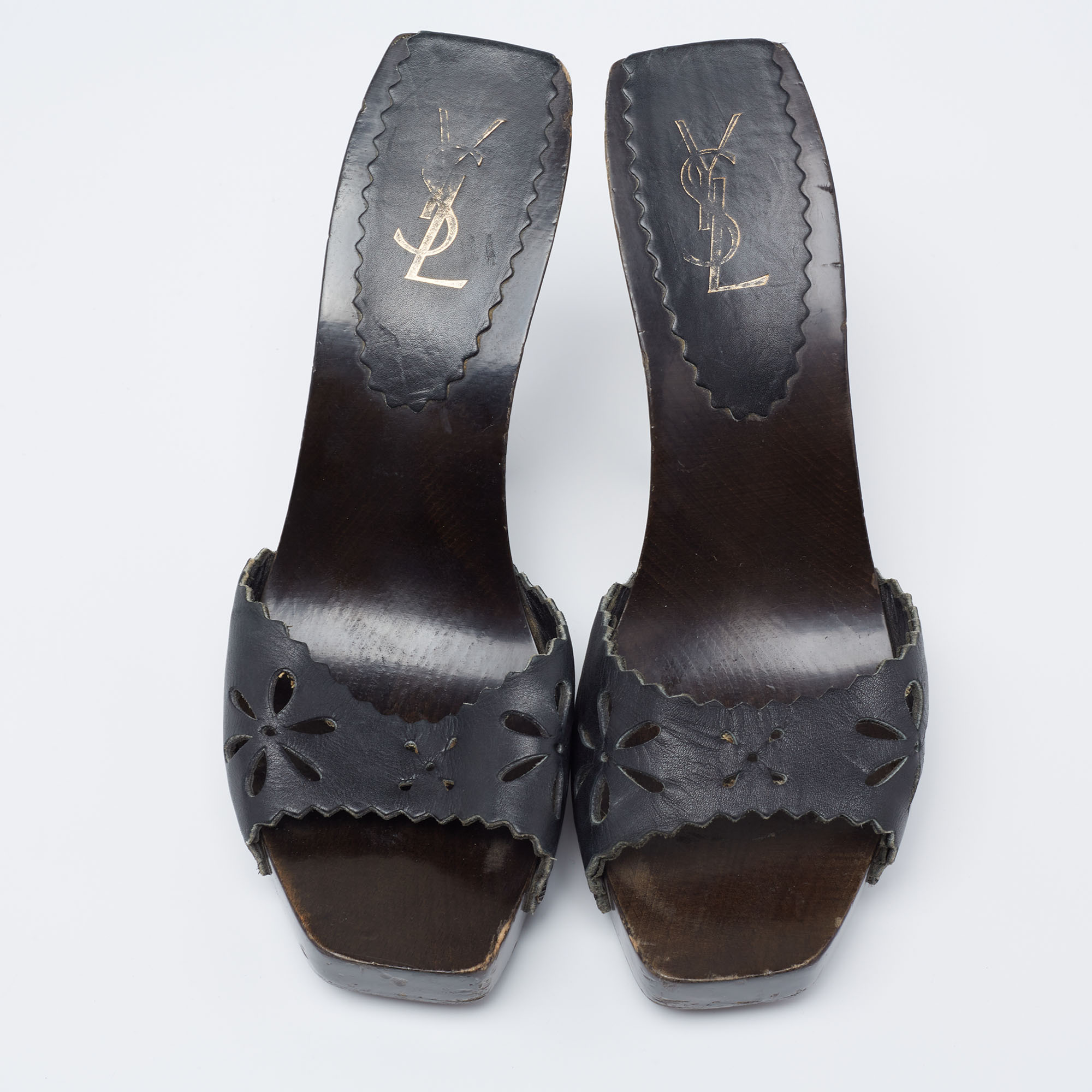 Yves Saint Laurent Black Cutout Leather  Slide Sandals Size 39