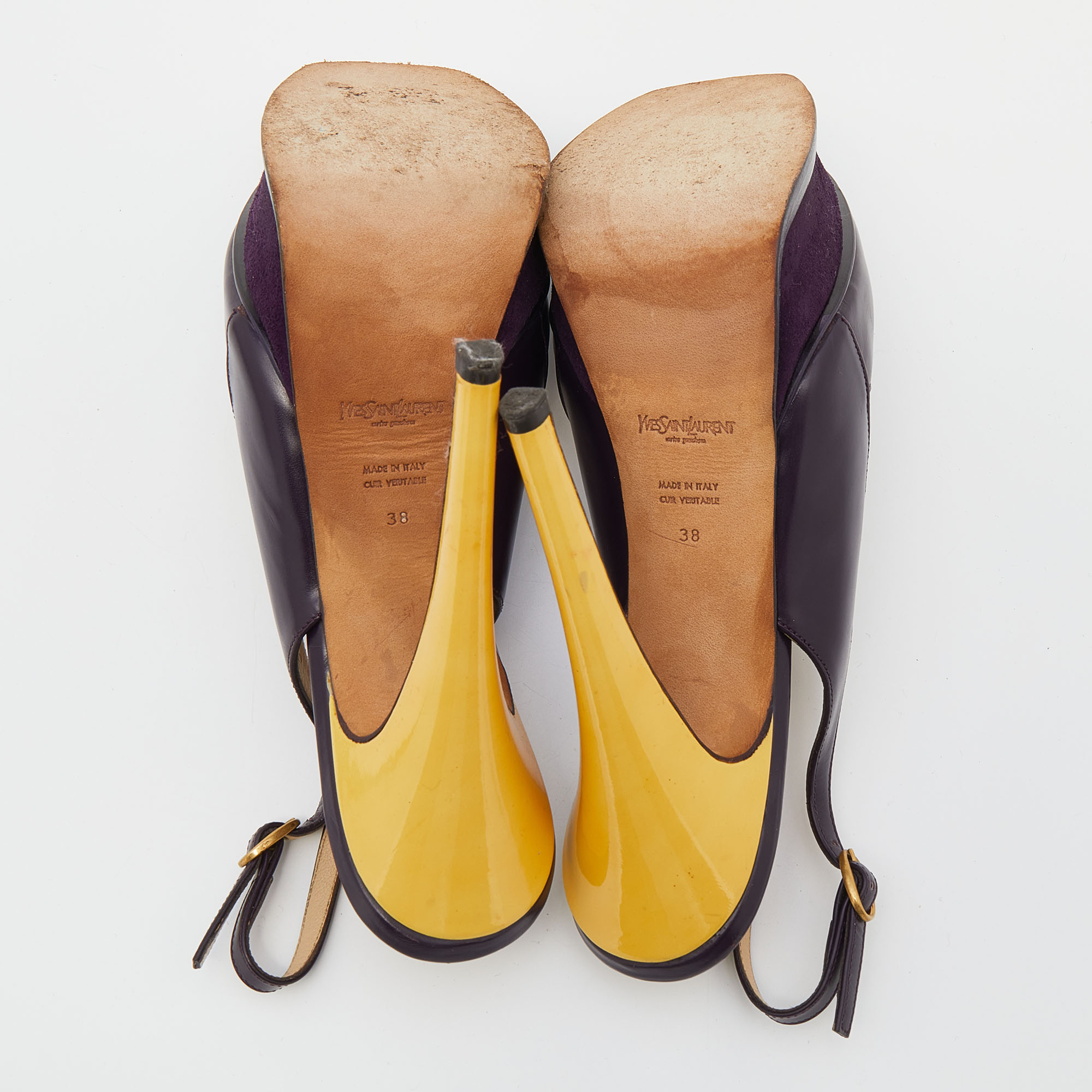 Yves Saint Laurent Purple/Yellow Leather Peep Toe Platform Slingback Sandals Size 38
