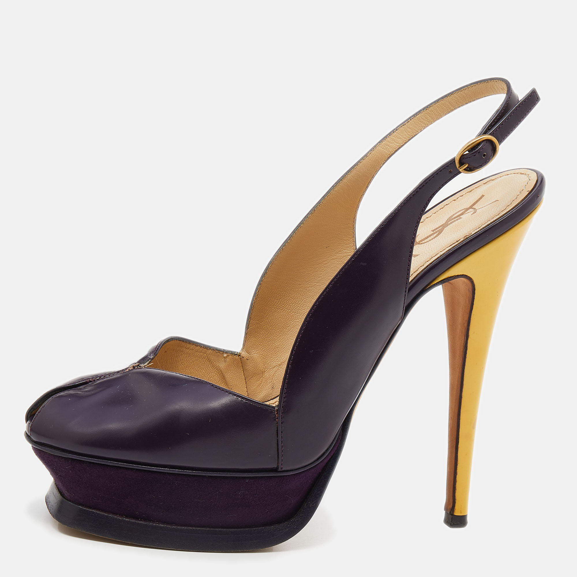 Yves saint laurent purple/yellow leather peep toe platform slingback sandals size 38
