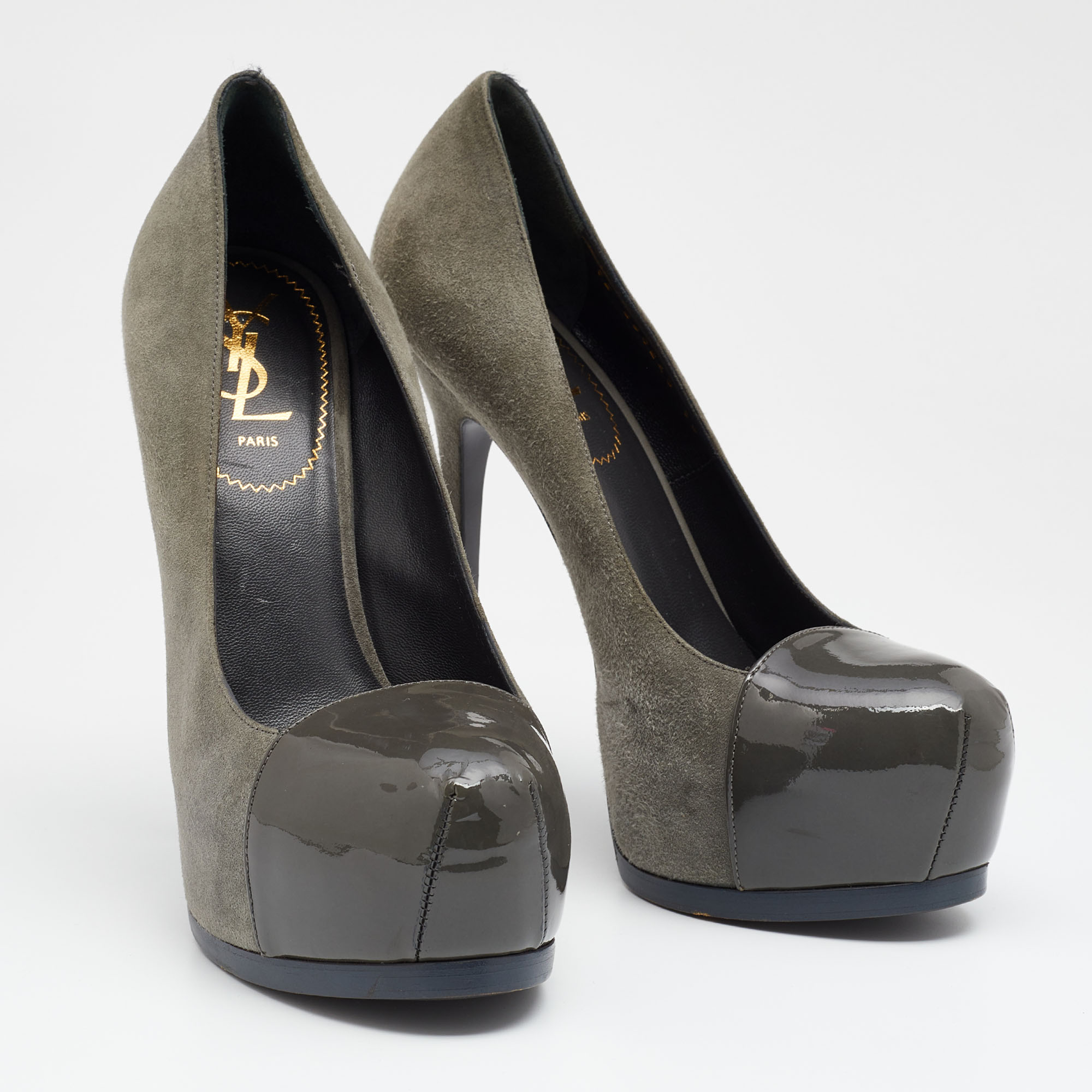 Yves Saint Laurent Grey Suede And Patent Leather Tribtoo Platform Pumps Size 38