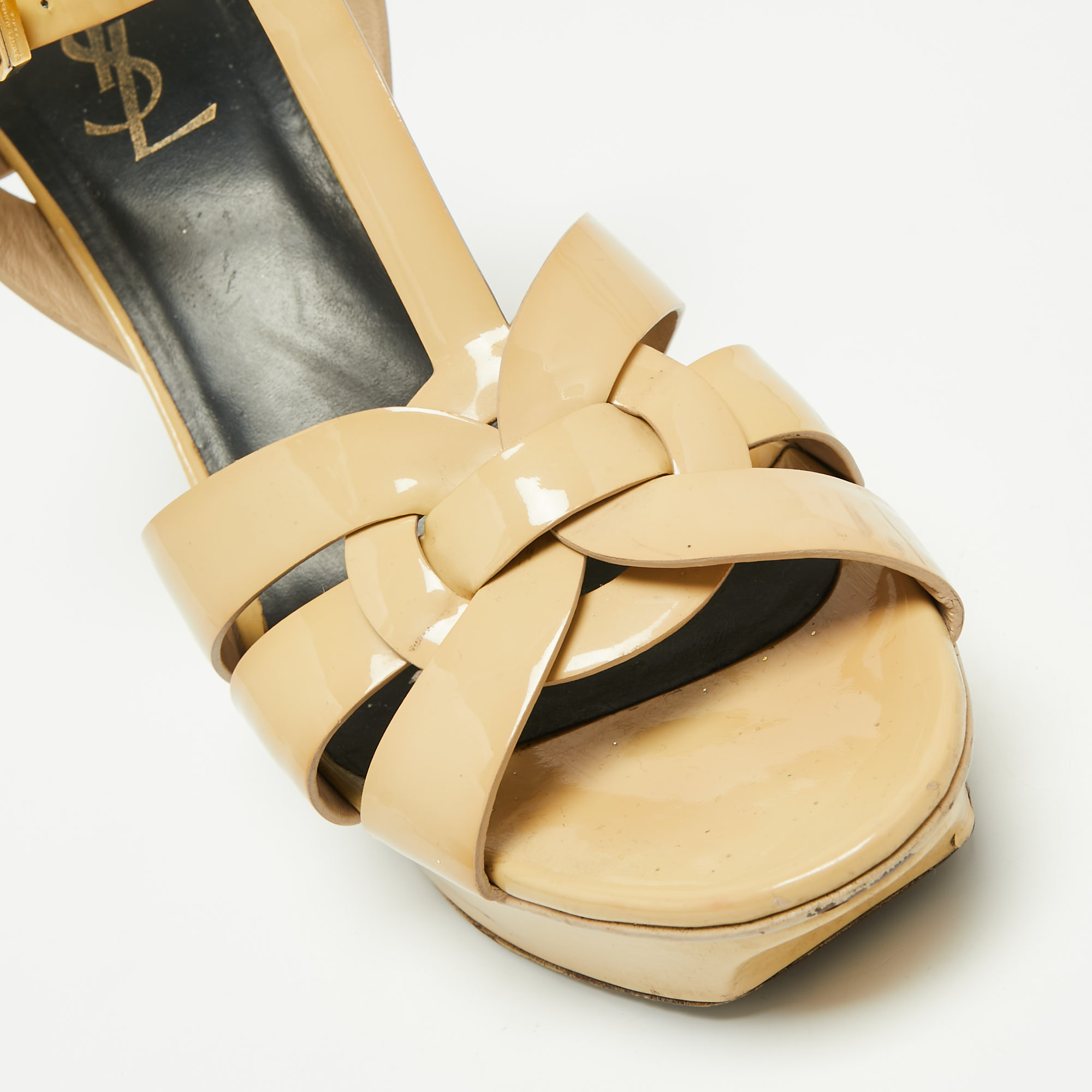 Yves Saint Laurent Beige Patent Leather Tribute Sandals Size 40
