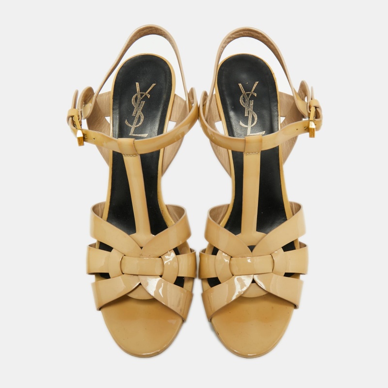 Yves Saint Laurent Beige Patent Leather Tribute Sandals Size 40