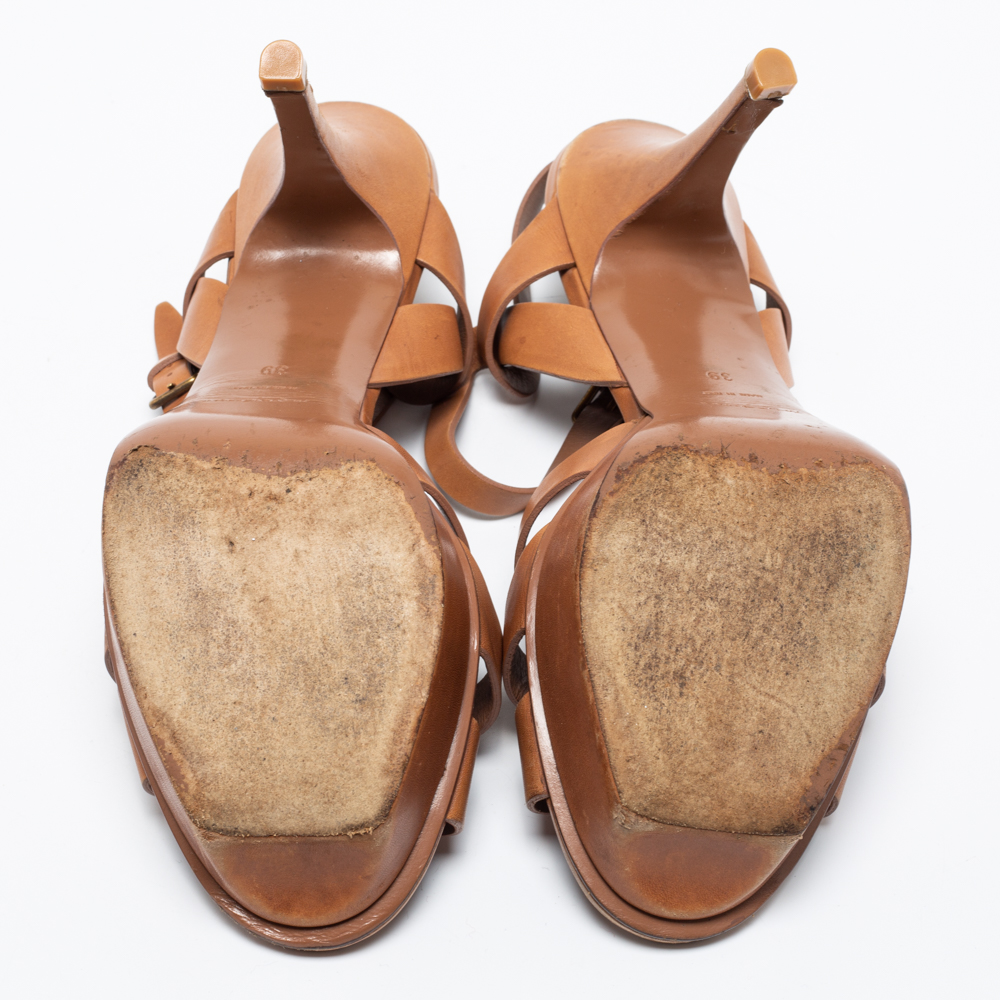 Yves Saint Laurent Caramel Brown Leather Tribute Platform Sandals Size 39