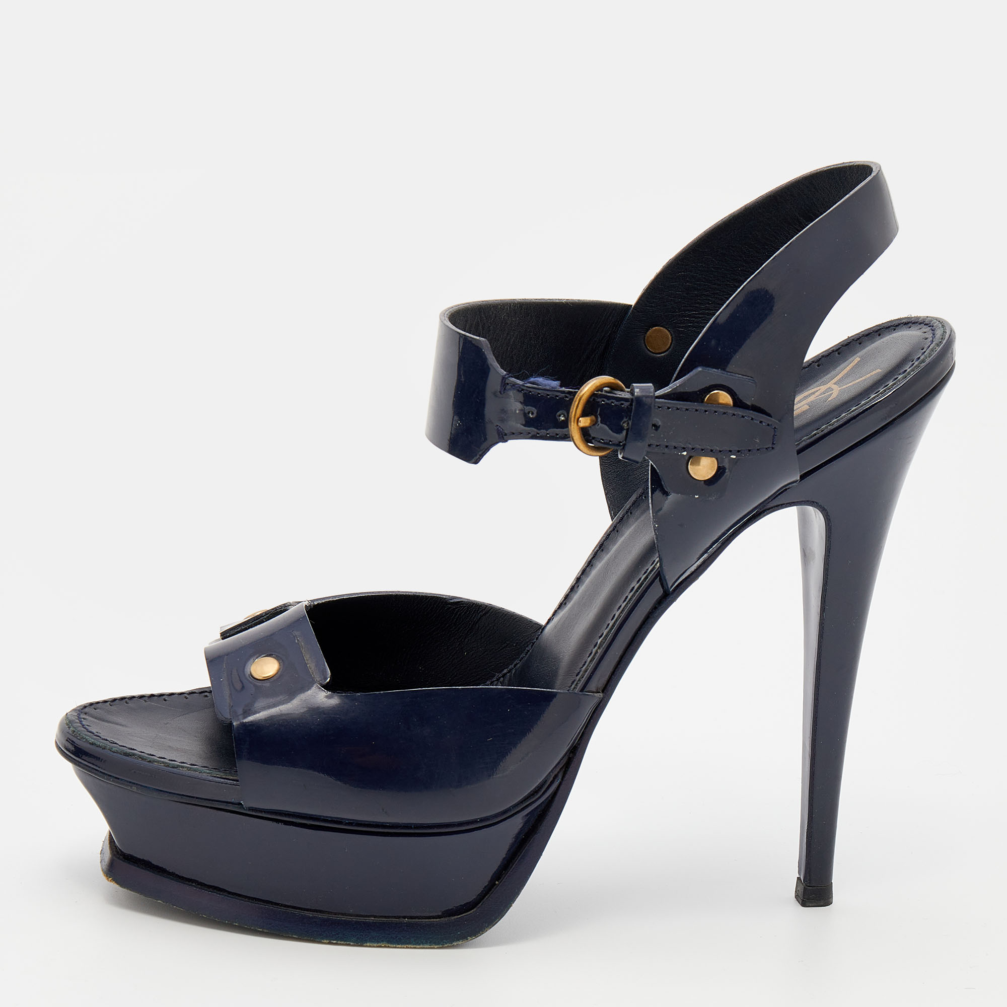 Yves saint laurent navy blue patent leather studded ankle strap platform sandals size 40