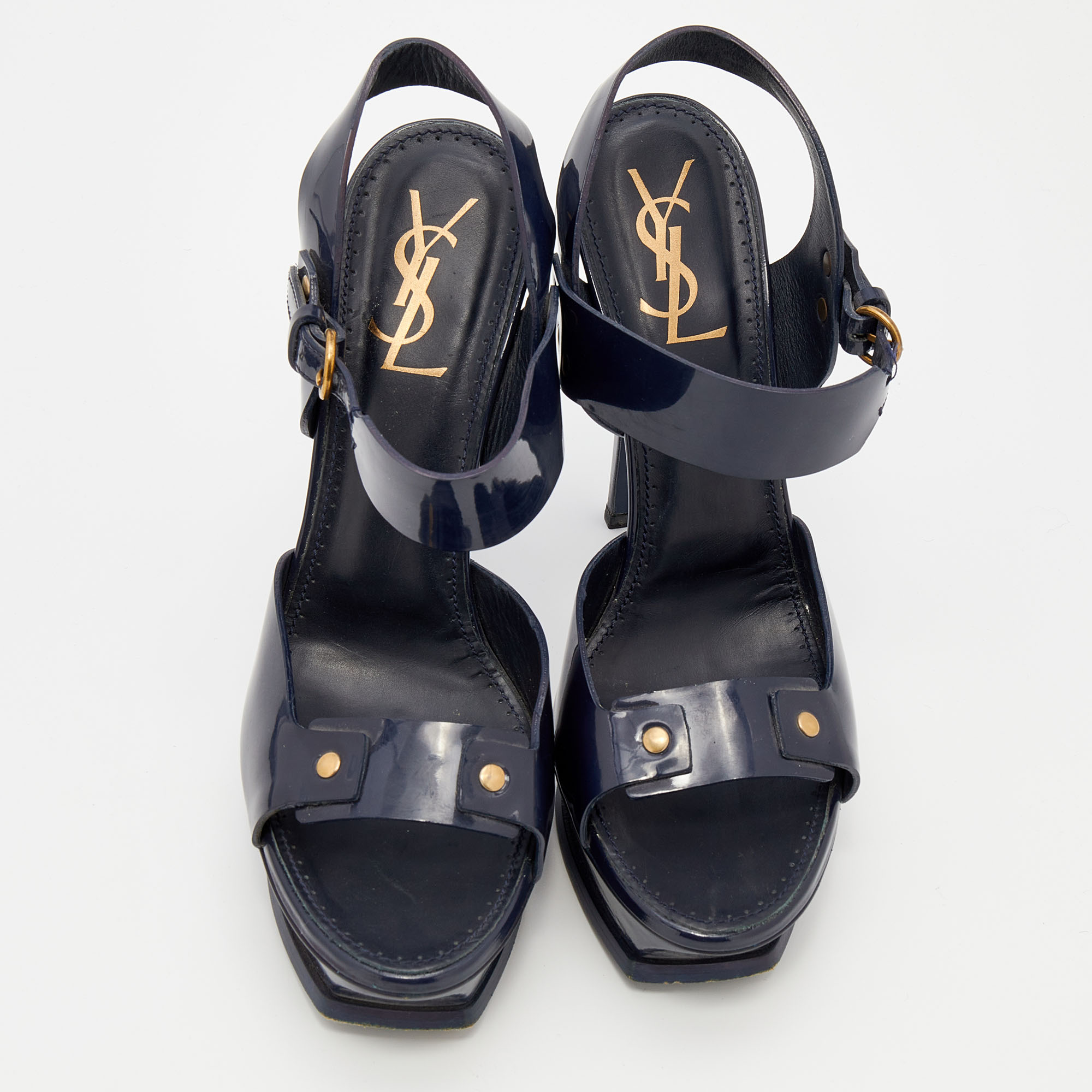 Yves Saint Laurent Navy Blue Patent Leather Studded Ankle Strap Platform Sandals Size 40