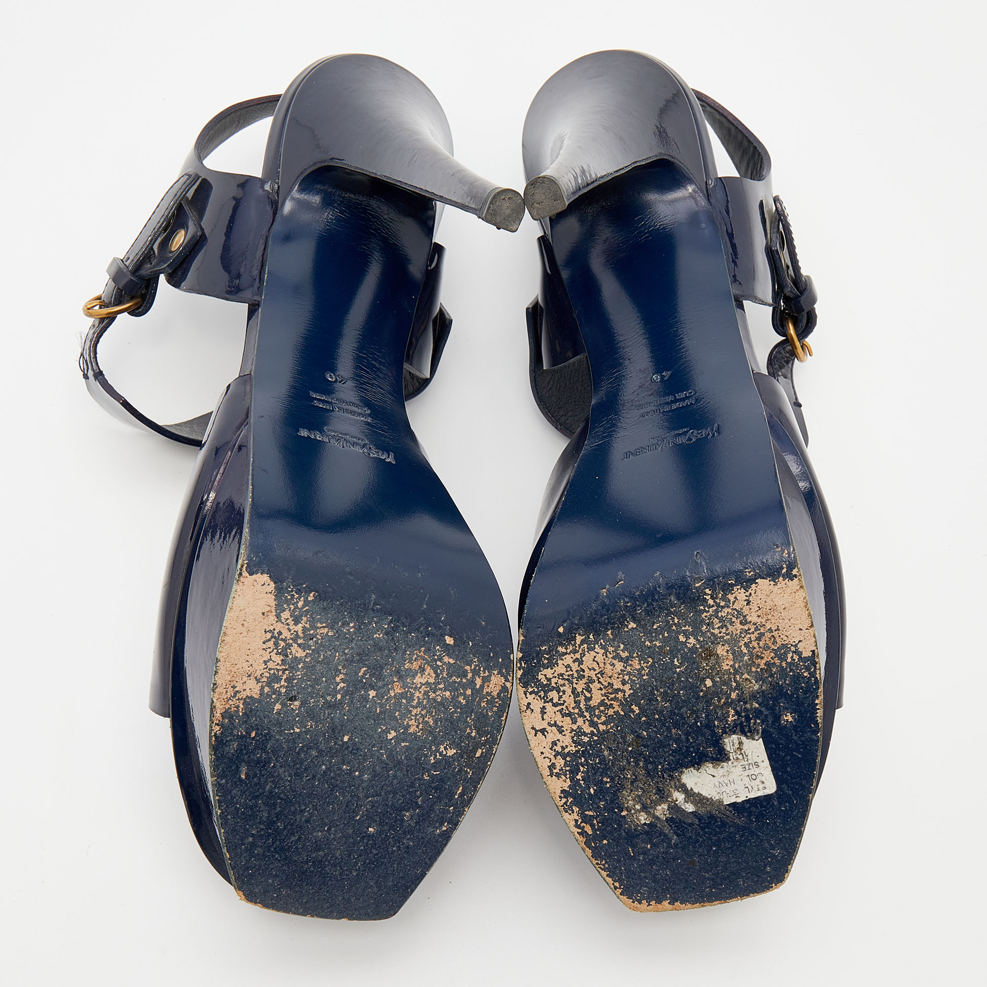 Yves Saint Laurent Navy Blue Patent Leather Studded Ankle Strap Platform Sandals Size 40