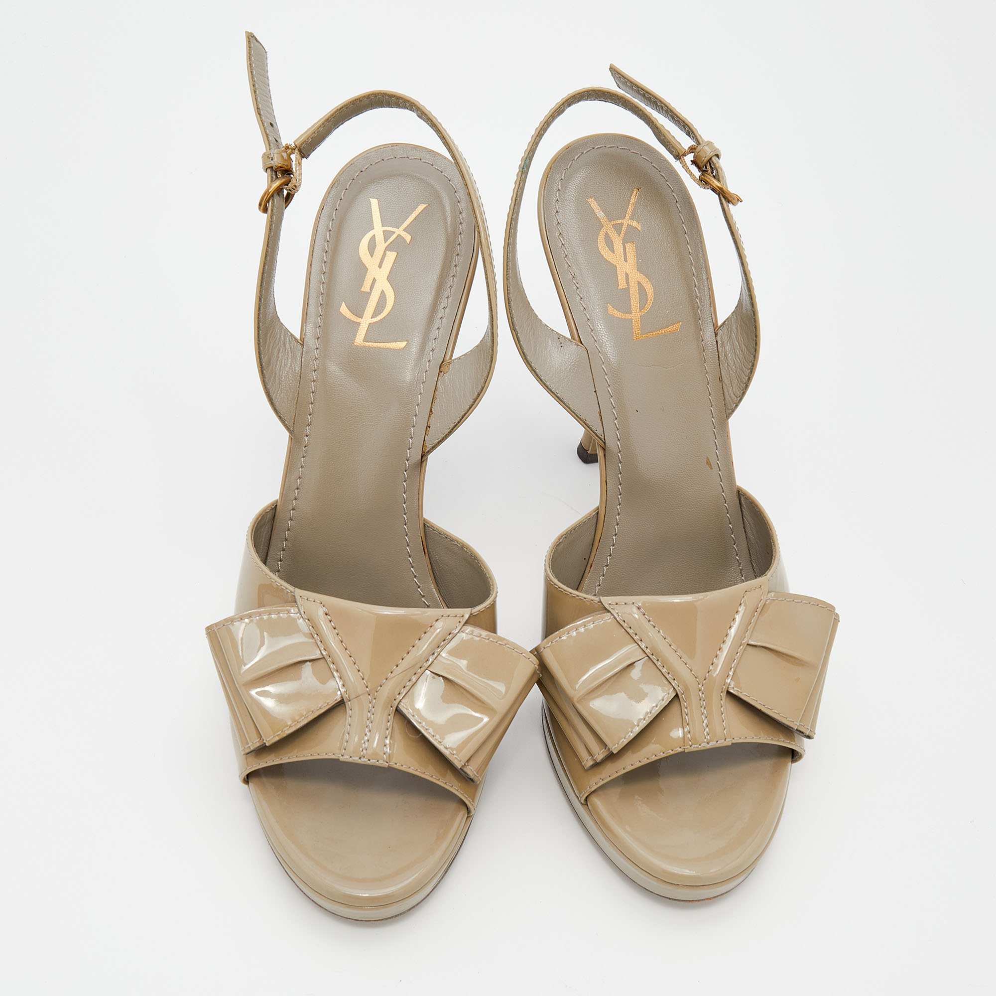 Yves Saint Laurent Olive Green Patent Leather Bow Platform Slingback Sandals Size 40