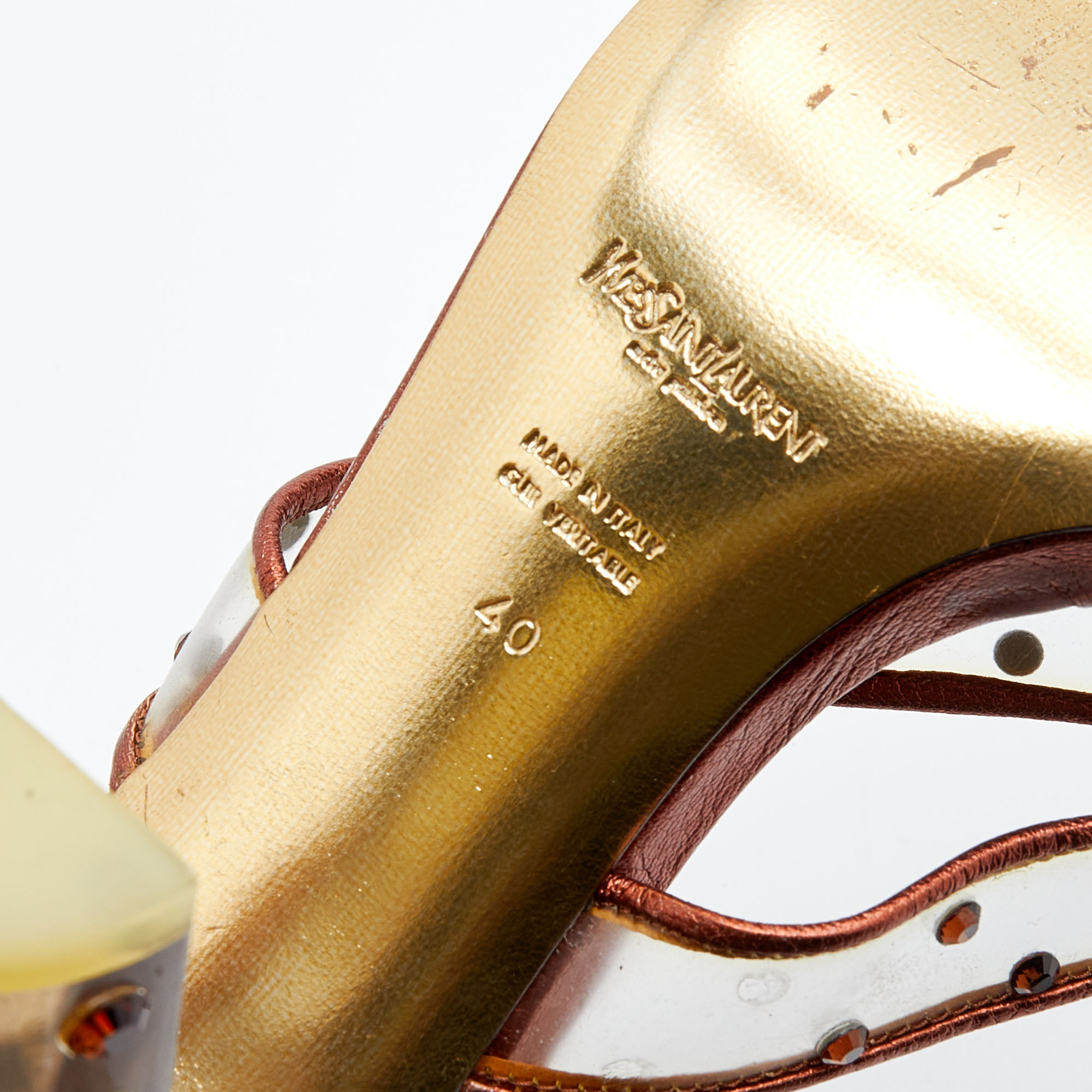 Yves Saint Laurent Metallic Bronze Leather And PVC Crystal Embellished Slide Sandals Size 40