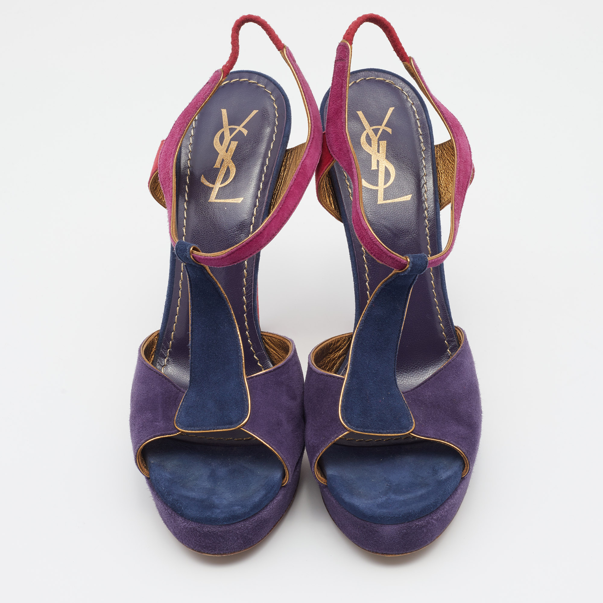 Yves Saint Laurent Multicolor Suede Slingback Platform Sandals Size 39.5