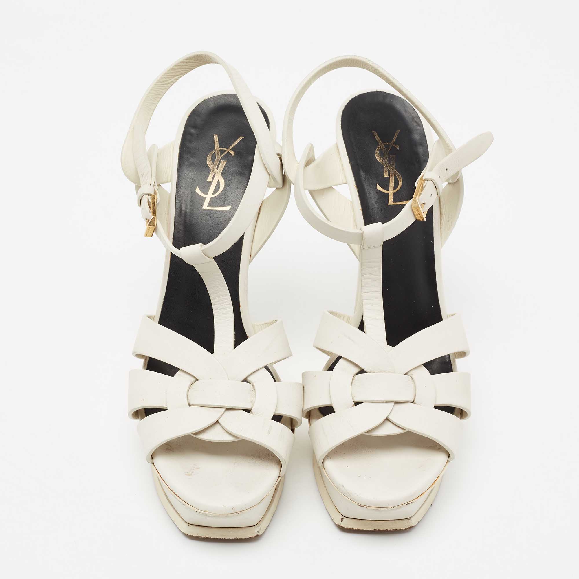 Yves Saint Laurent White Leather Tribute Platform Sandals Size 39.5