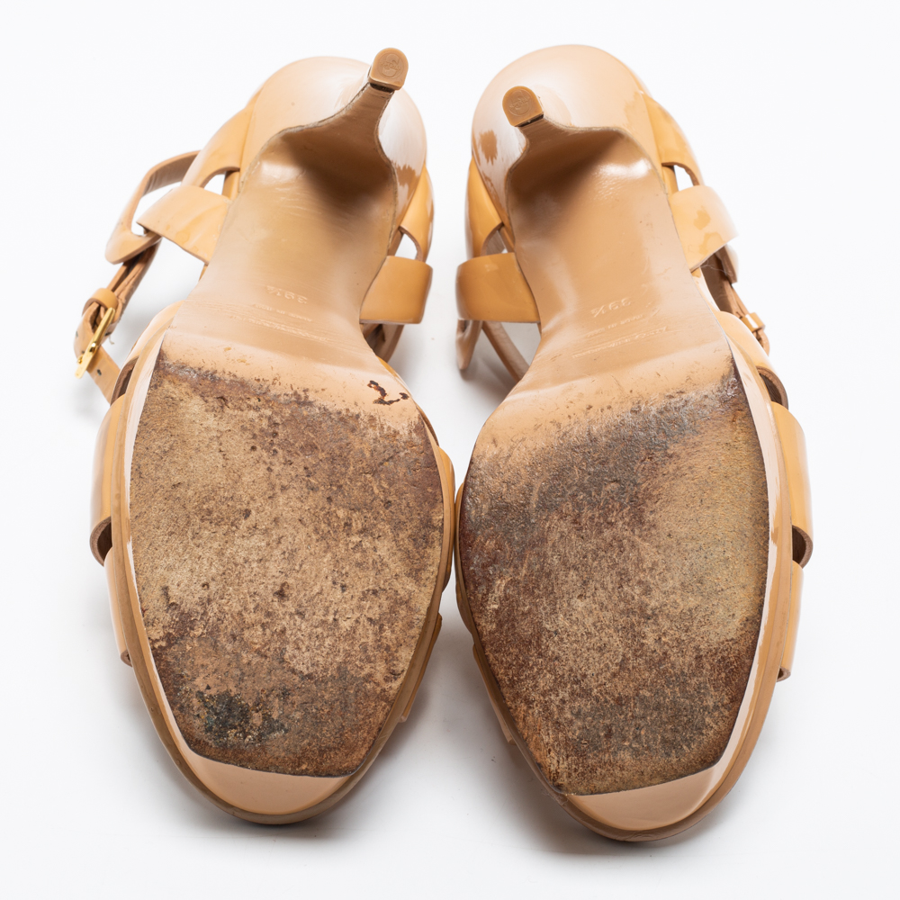 Yves Saint Laurent Beige Patent Leather Tribute Platform Sandals Size 39.5