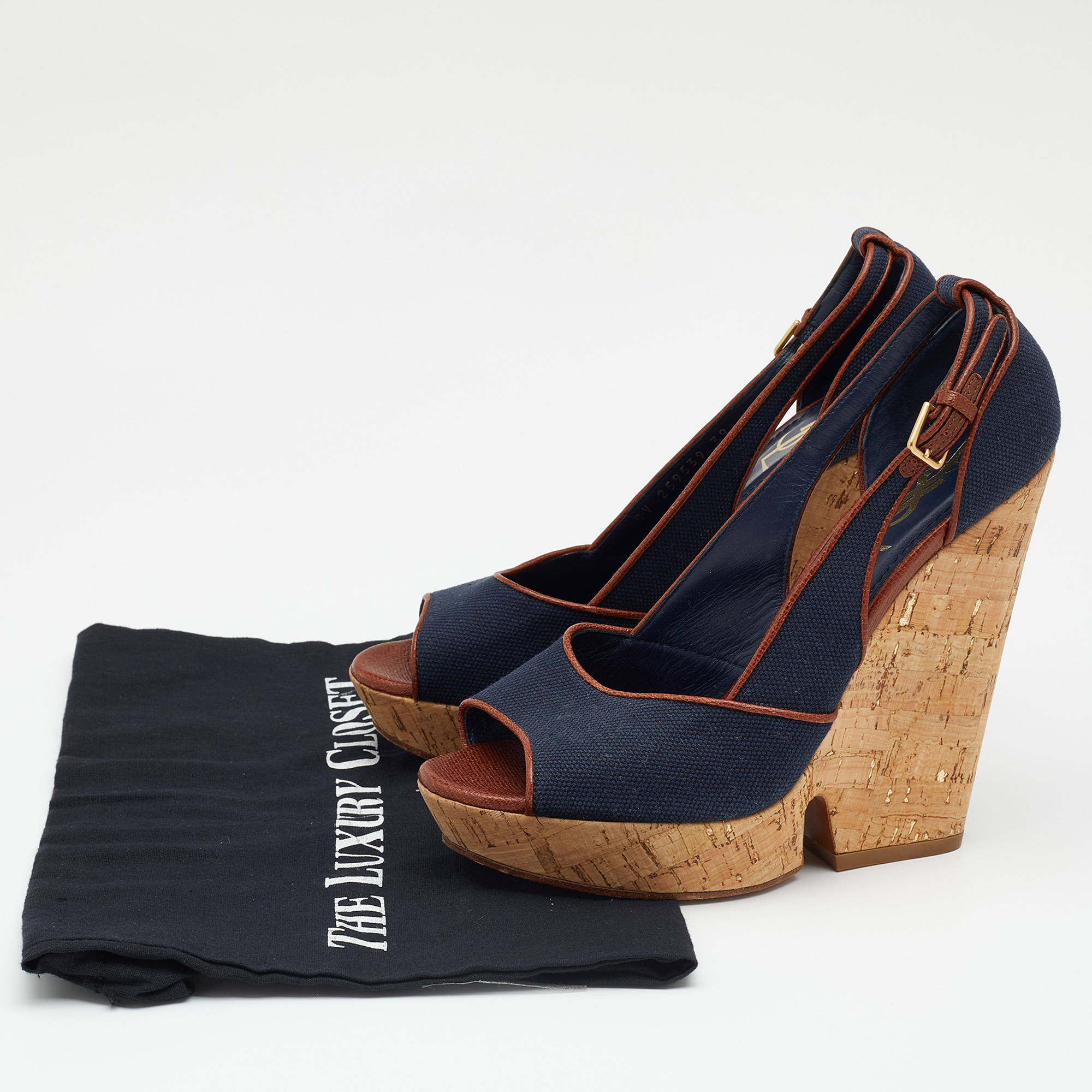 Yves Saint Laurent Navy Blue/Brown Canvas And Leather Deuville Cork Platform Wedge Sandals Size 39