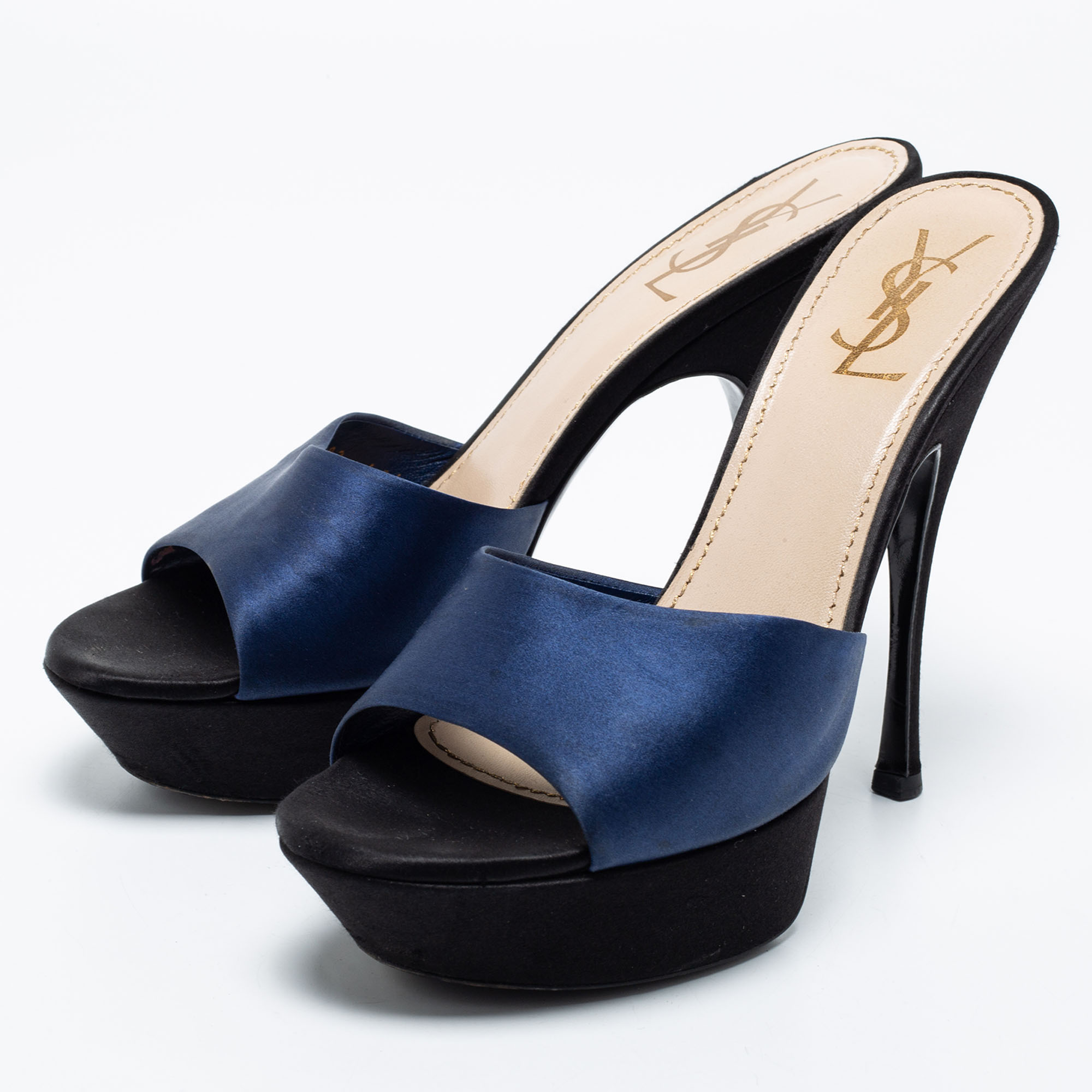 

Yves Saint Laurent Navy Blue Satin Platform Slide Sandals Size