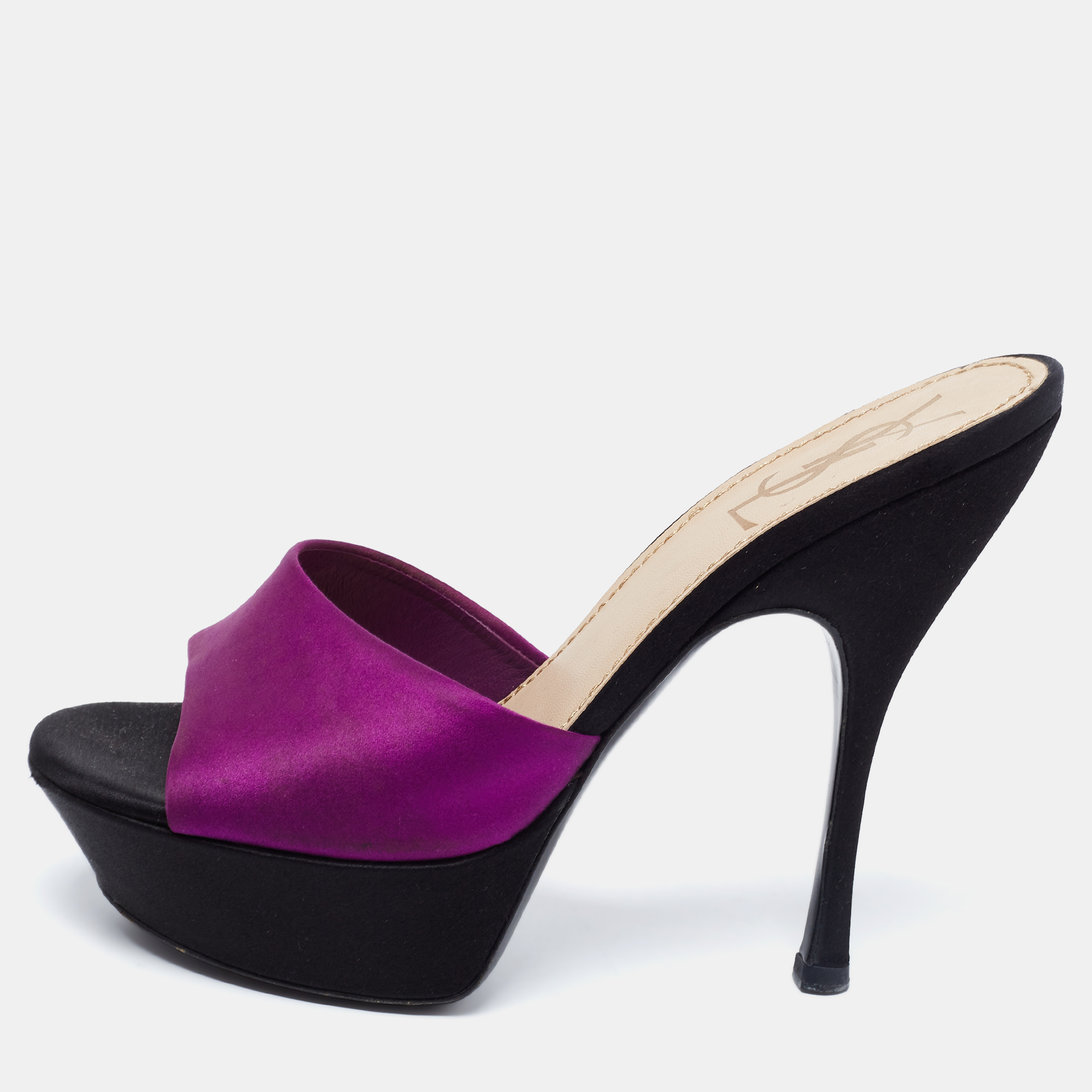 

Yves Saint Laurent Purple/Black Satin Platform Slide Sandals Size