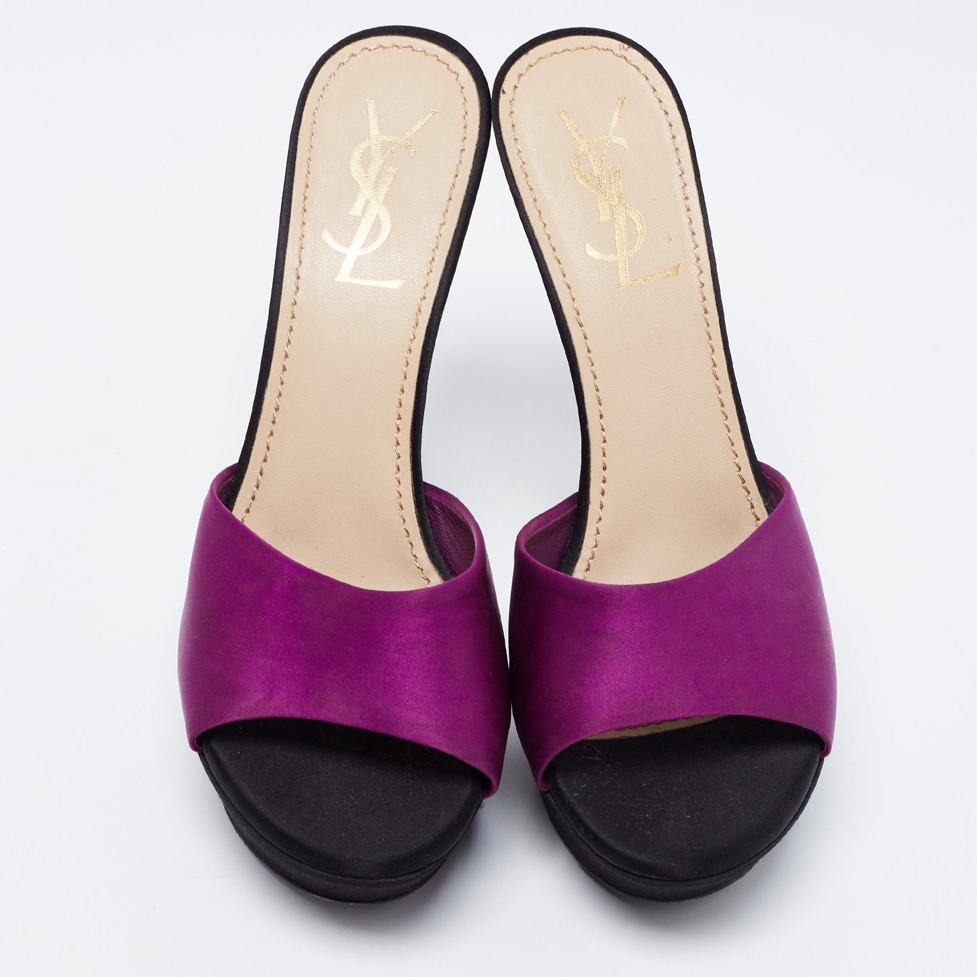 Yves Saint Laurent Purple/Black Satin Platform Slide Sandals Size 37.5