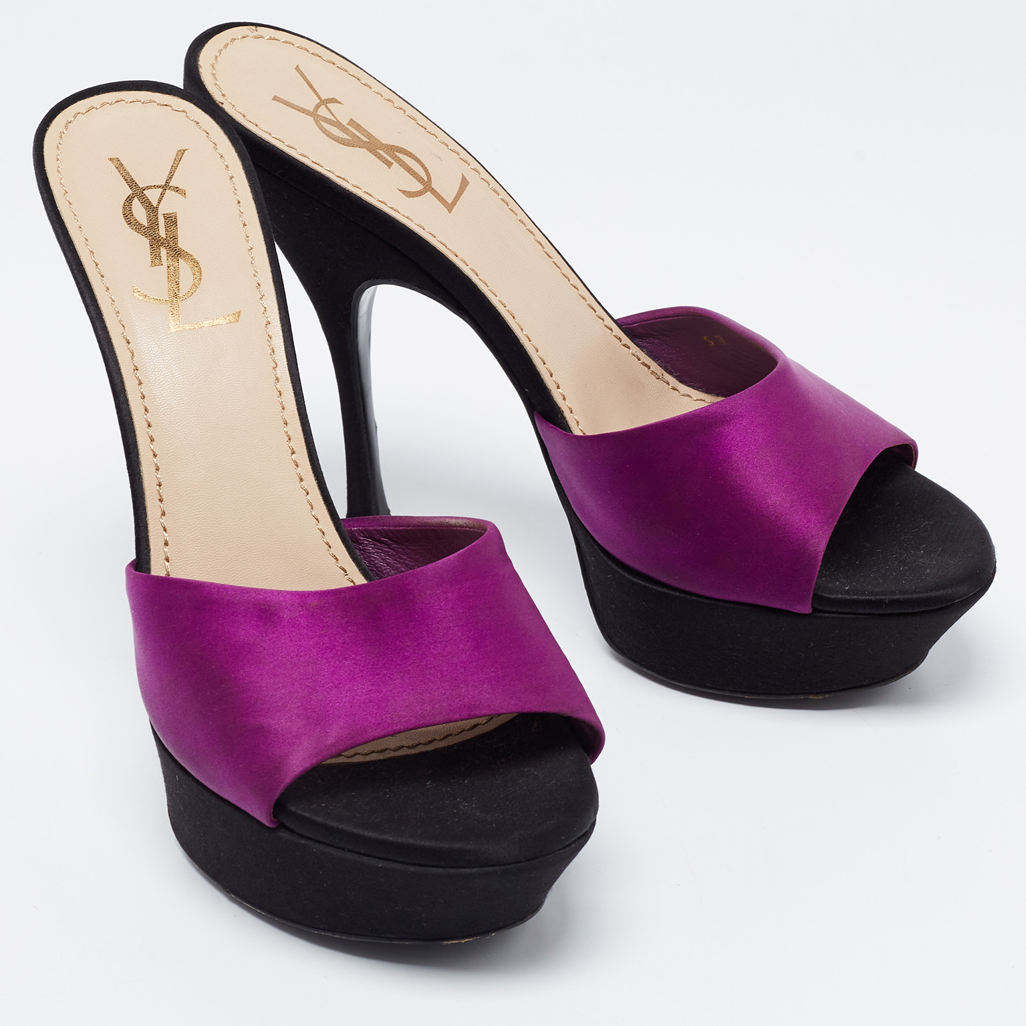 Yves Saint Laurent Purple/Black Satin Platform Slide Sandals Size 37.5