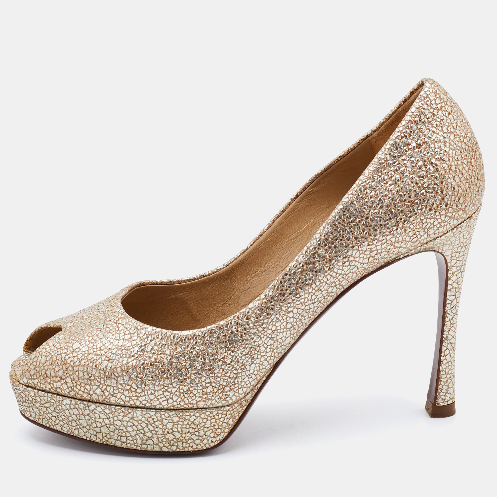 Yves Saint Laurent Gold Textured Leather Peep Toe Platform Pumps Size 37.5
Yves Saint Laurent Gold Textured Leather Peep Toe Platform Pumps Size 37.5