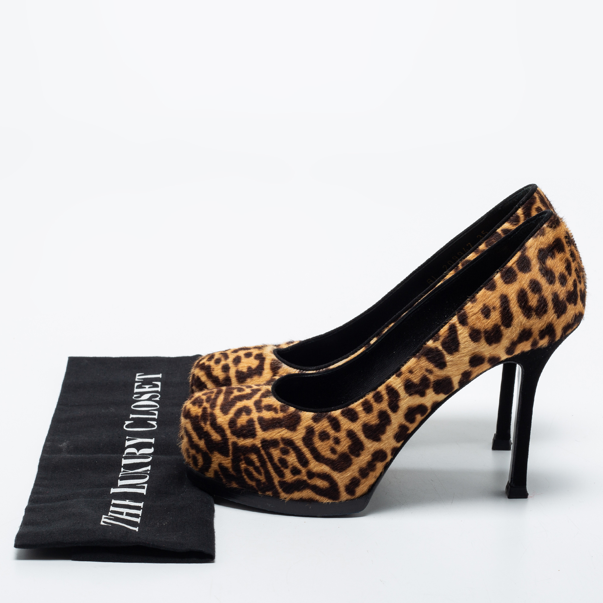 Yves Saint Laurent Beige/Brown Leopard Print Calf Hair Tribtoo Pumps Size 35