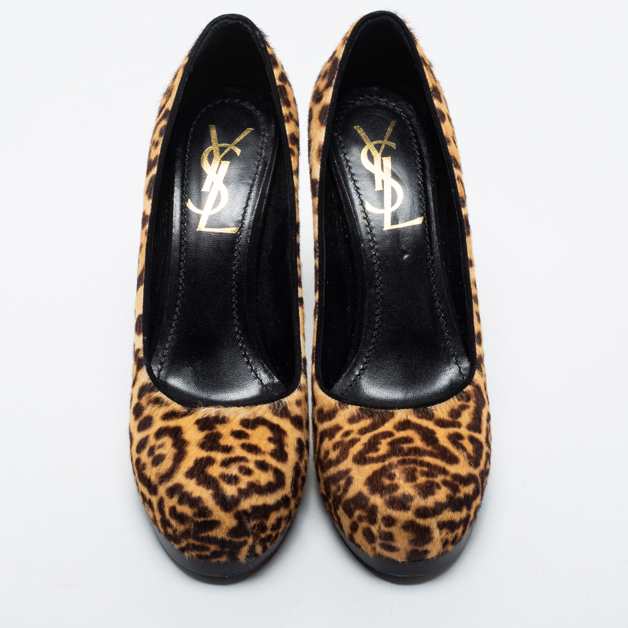 Yves Saint Laurent Beige/Brown Leopard Print Calf Hair Tribtoo Pumps Size 35