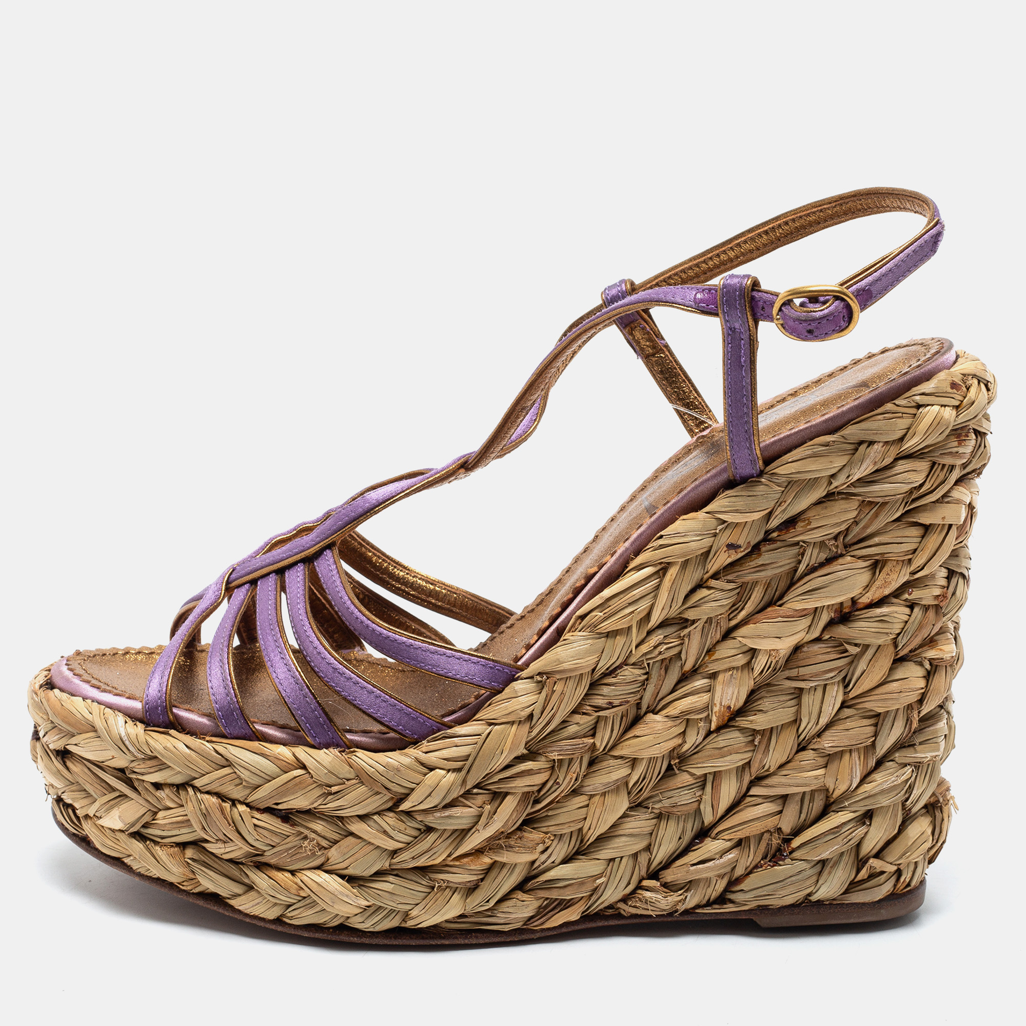 Yves saint laurent purple satin woven straw platform wedge sandals size 35