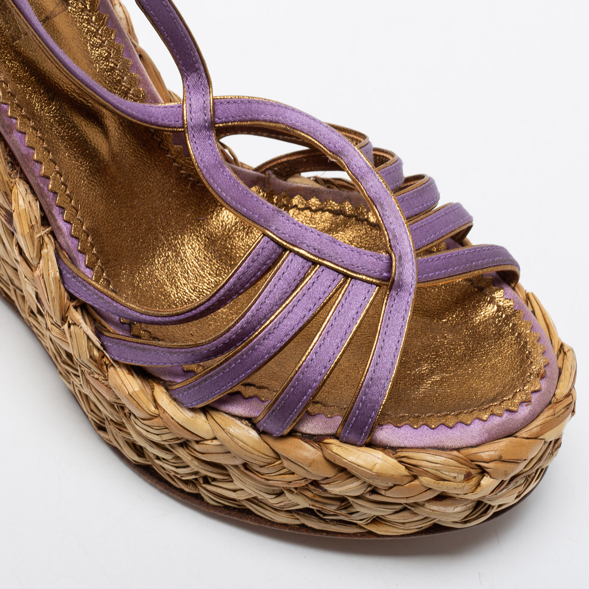 Yves Saint Laurent Purple Satin Woven Straw Platform Wedge Sandals Size 35