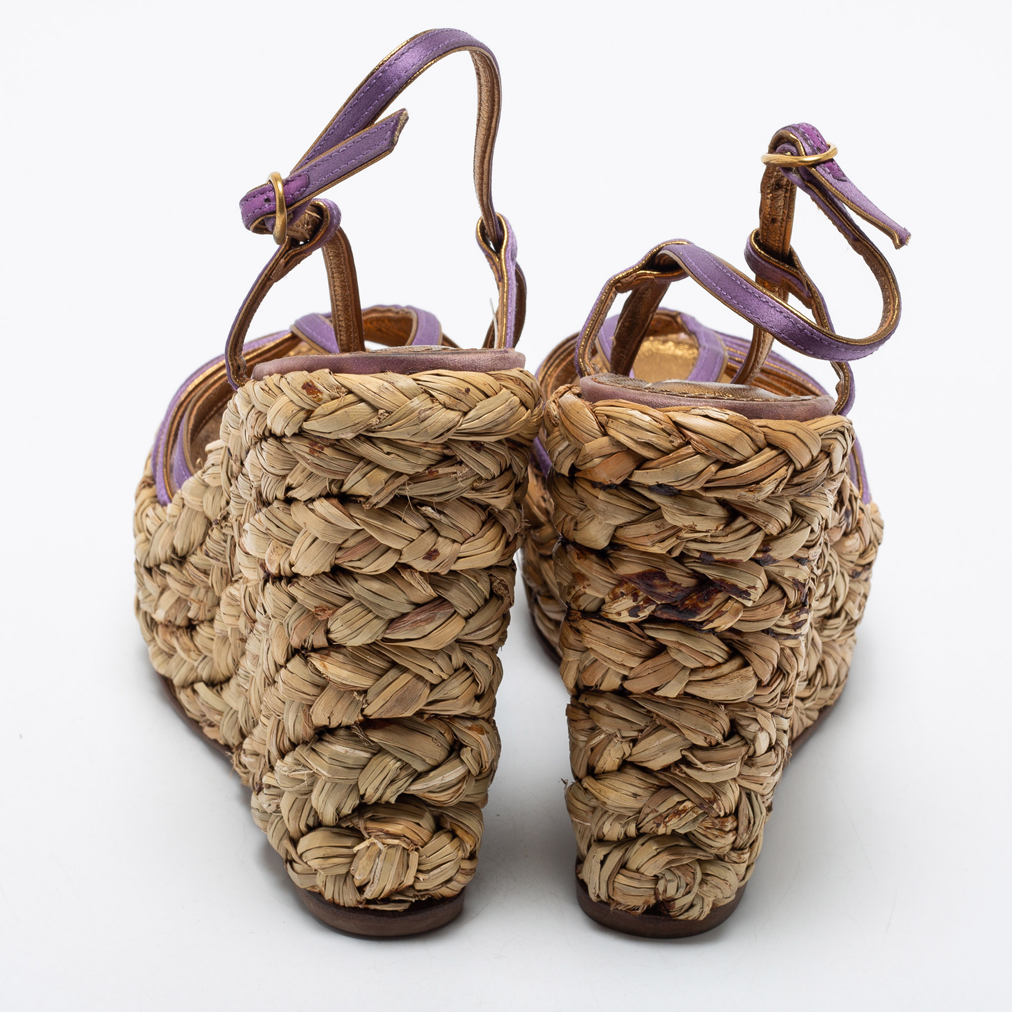 Yves Saint Laurent Purple Satin Woven Straw Platform Wedge Sandals Size 35