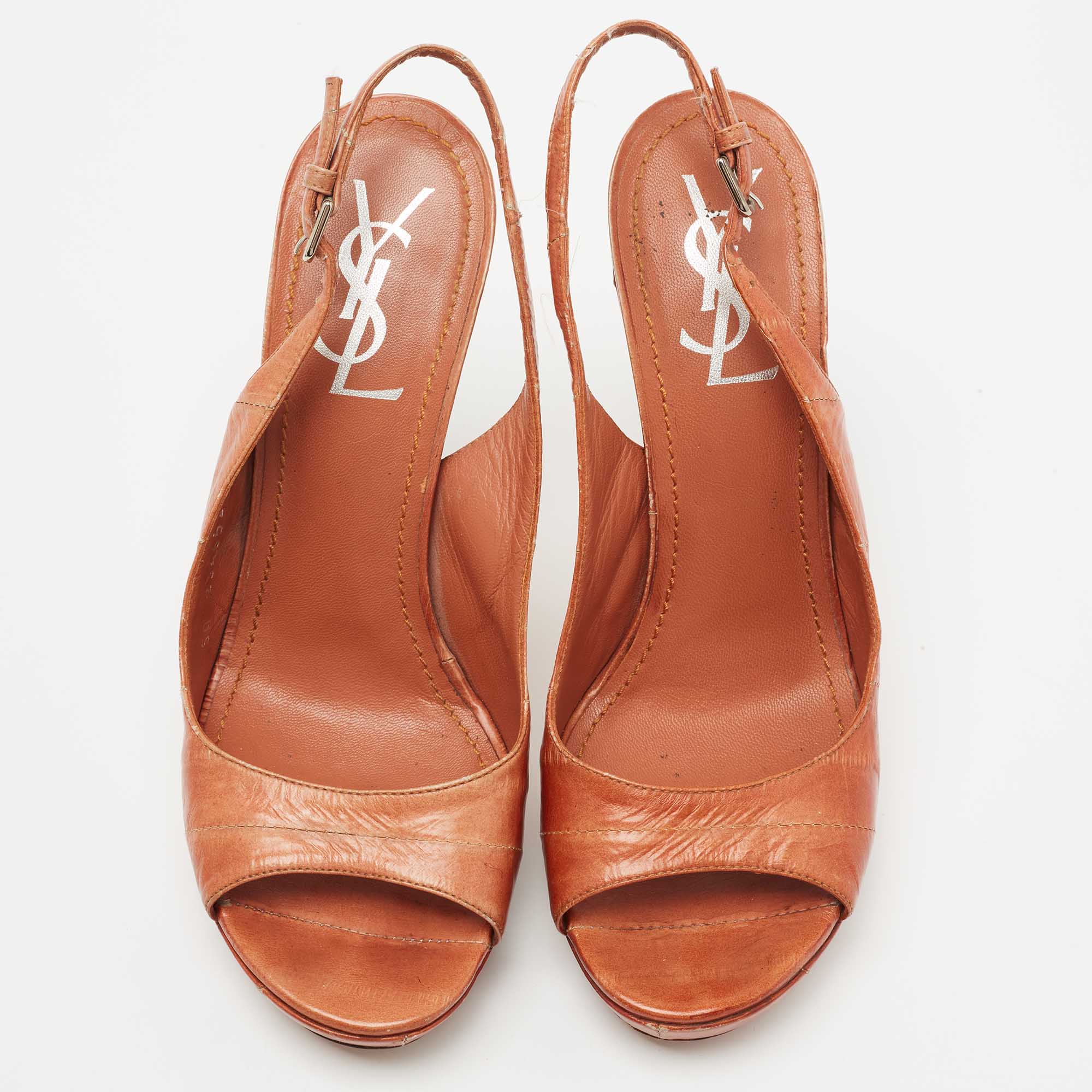 Yves Saint Laurent Orange Eel Leather Slingback Platform Sandals Size 37