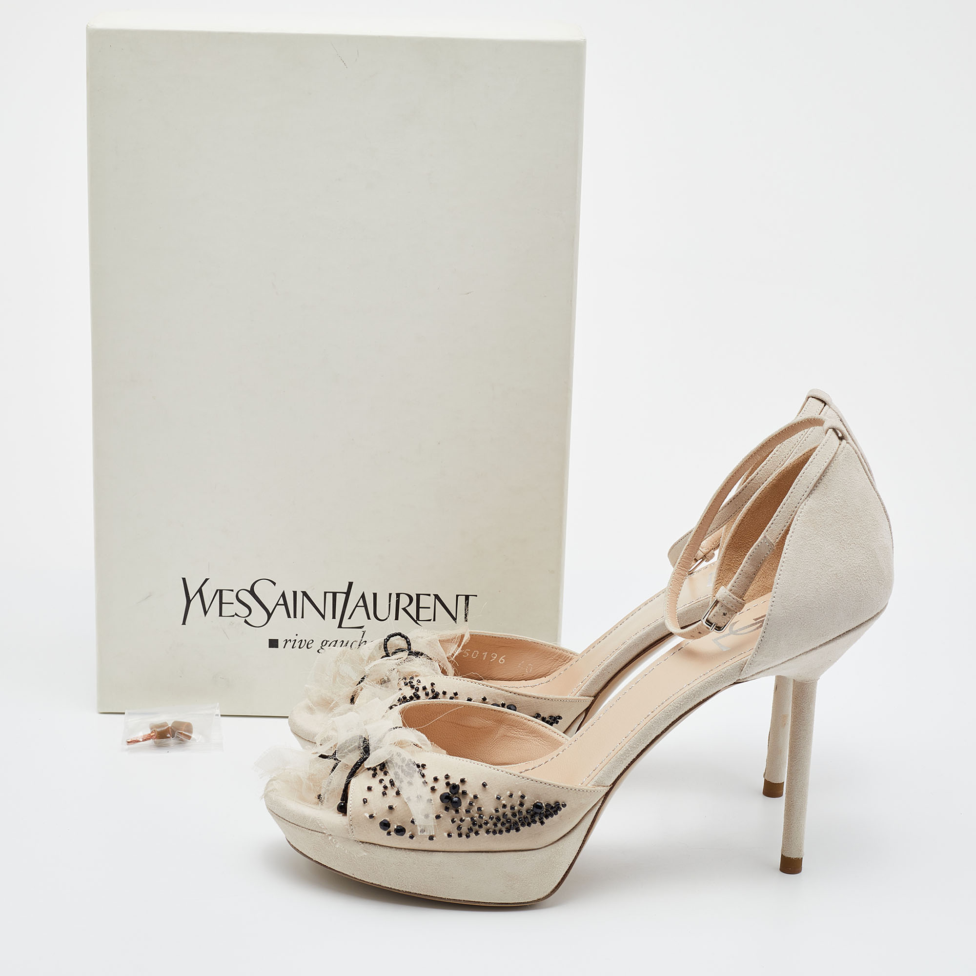 Yves Saint Laurent Off White Suede And Fabric Ankle Strap Platform Sandals Size 40