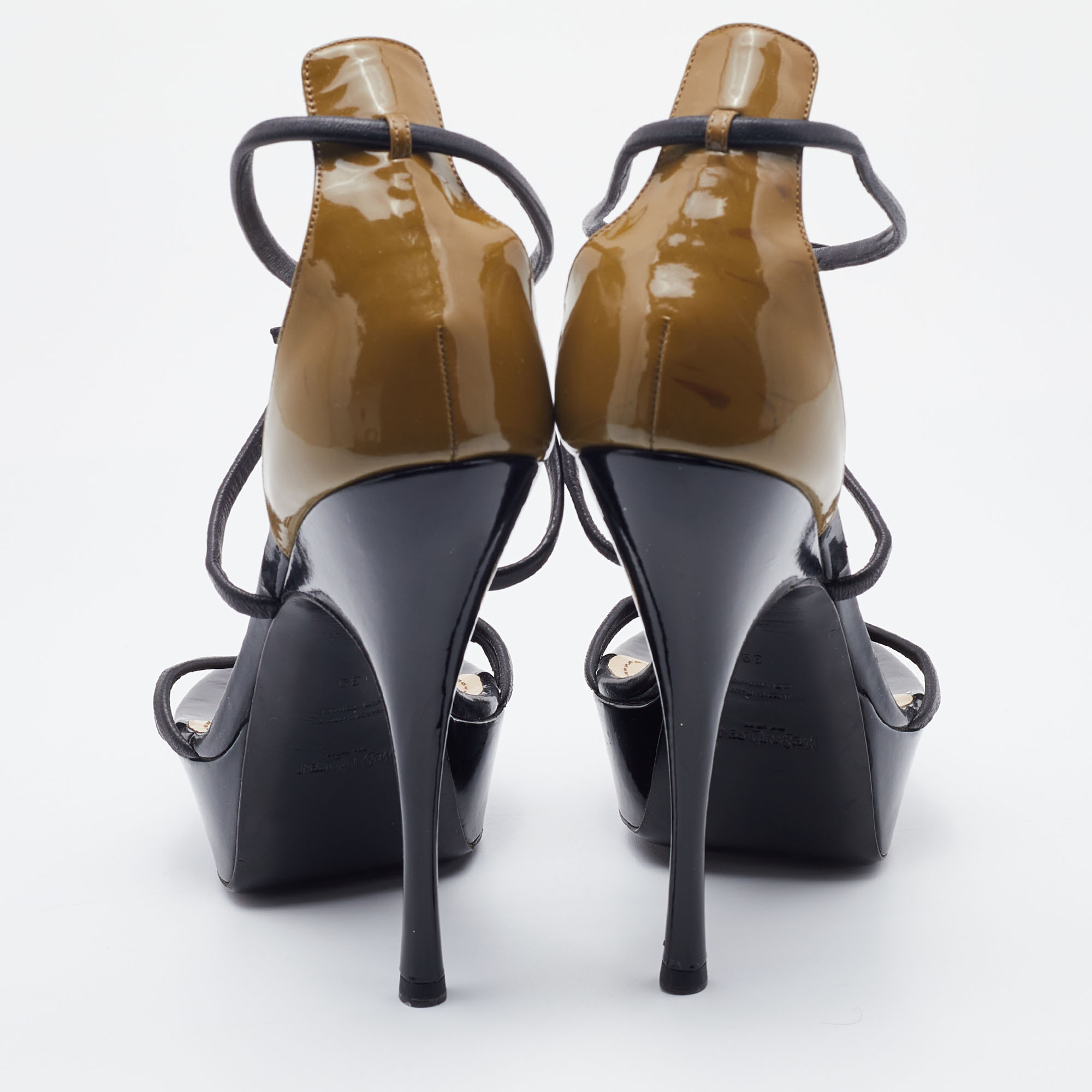 Yves Saint Laurent Black/Olive Green Patent And Leather Platform Ankle Strap Sandals Size 39