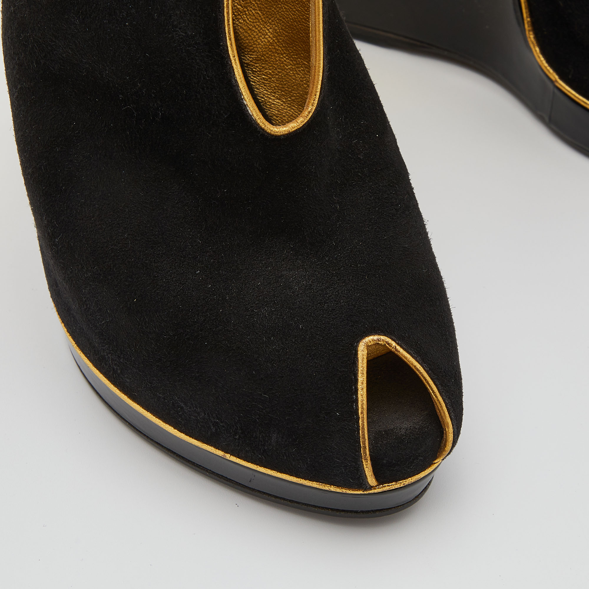 Yves Saint Laurent Black/Gold Cut-Out Suede Peep Toe Platform Wedge Pumps Size 36